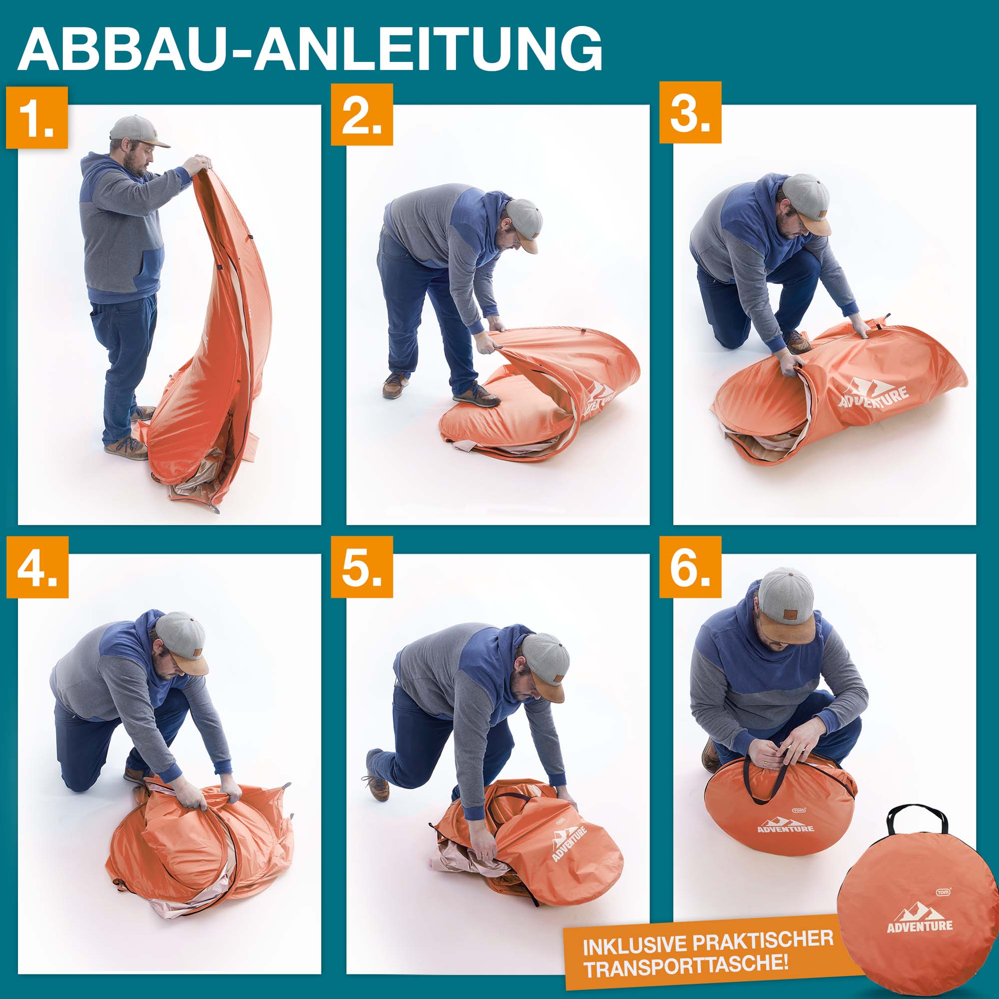 Schritt-für-Schritt-Abbauanleitung für eine orangene Strandmuschel gezeigt in sechs Bildern inklusive praktischer Transporttasche
