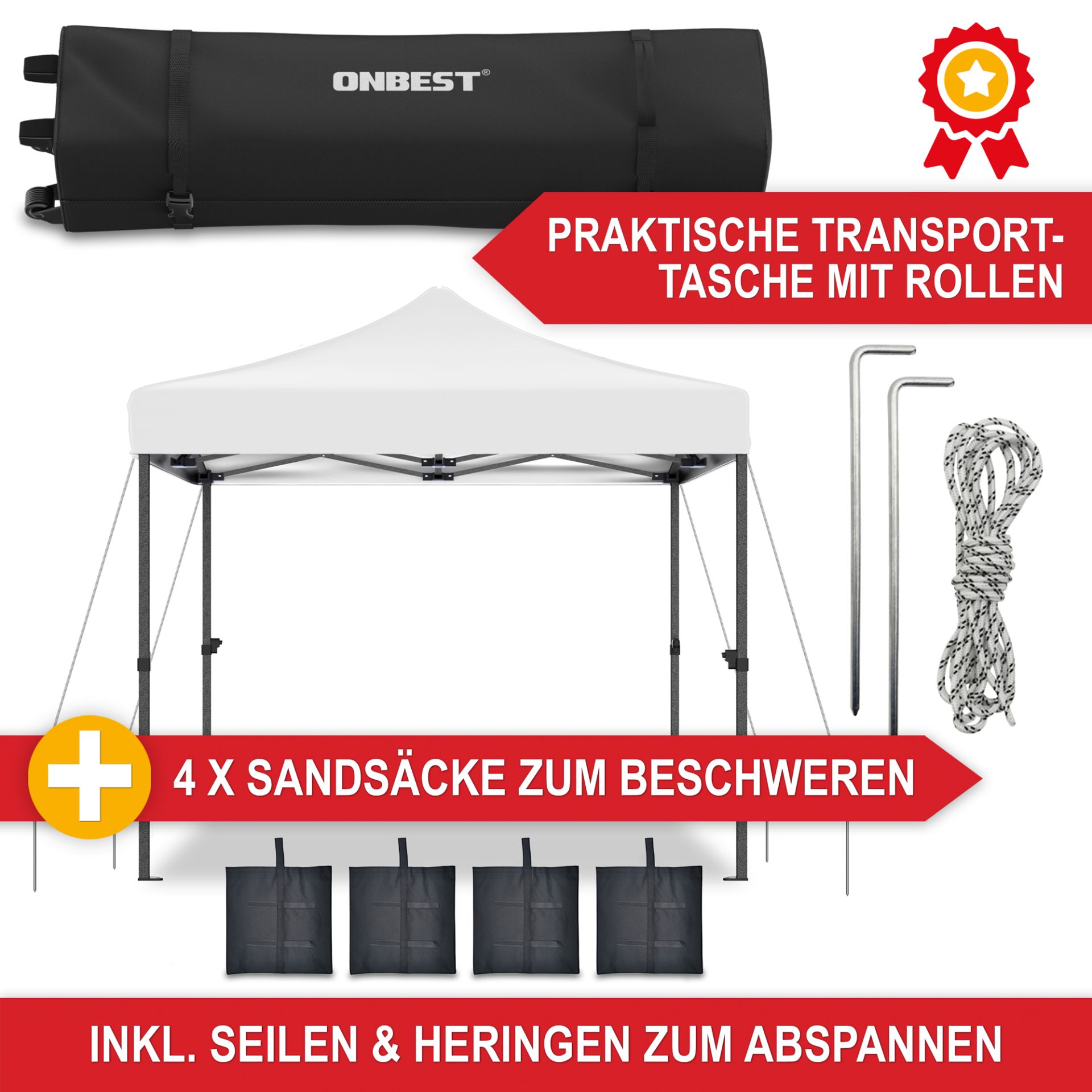 Pavillon weiß - Praktische Transporttasche mit Rollen, inklusive Seilen und Heringen zum abspannen und Sandsäcken zum beschweren