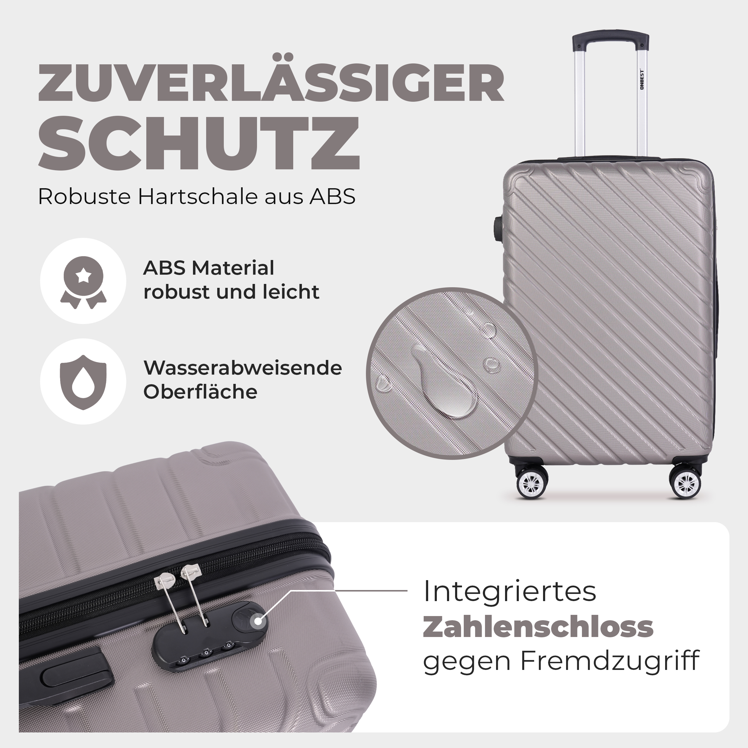 ONBEST Koffer Premium Champagner mit robuster ABS-Hartschale und Zahlenschloss