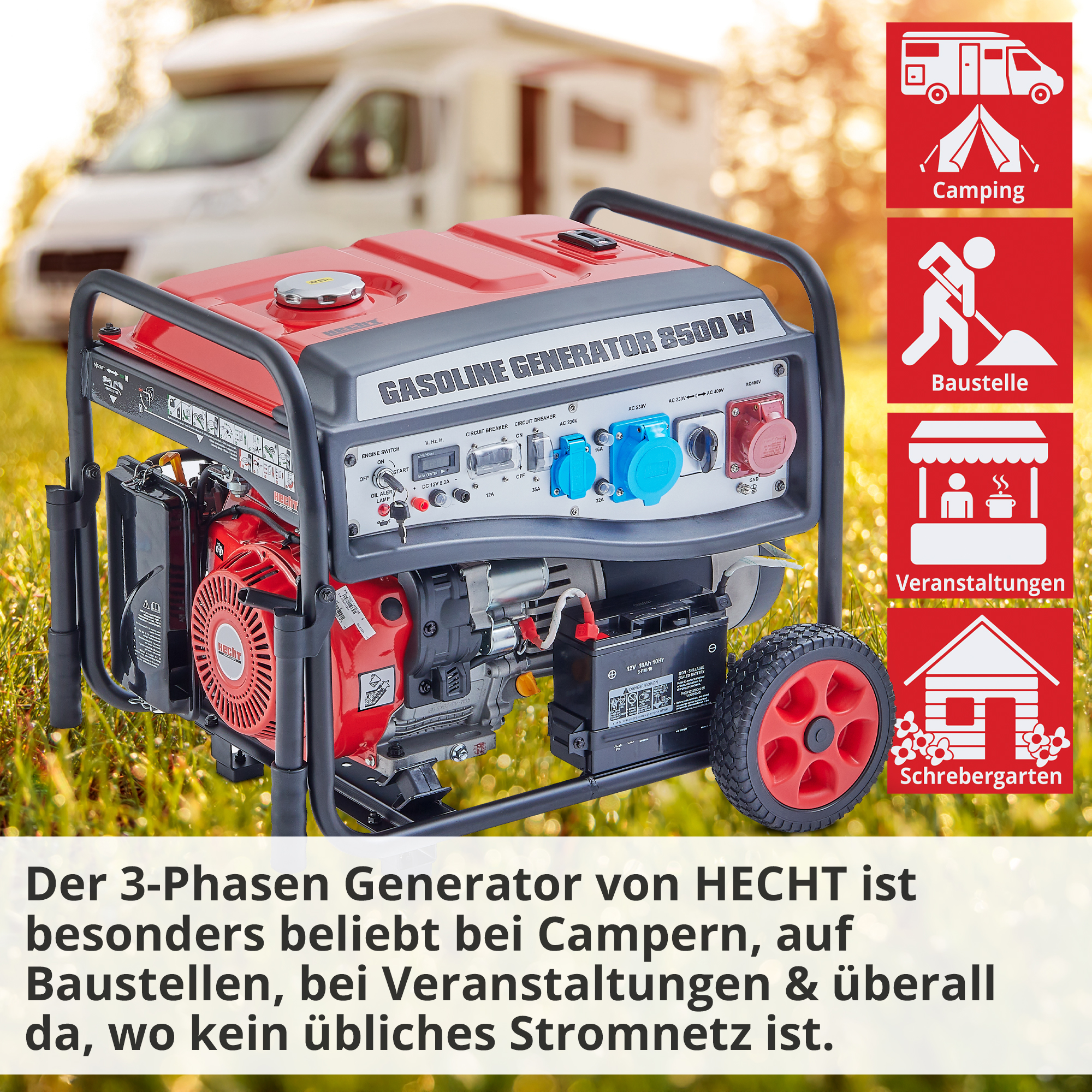 Hecht GG 11000 Notstromaggregat Benzin; Der 3-Phasen Generator ist besonders beliebt bei Campern, auf Baustellen, bei Veranstaltungen und überall da, wo kein übliches Stromnetz ist
