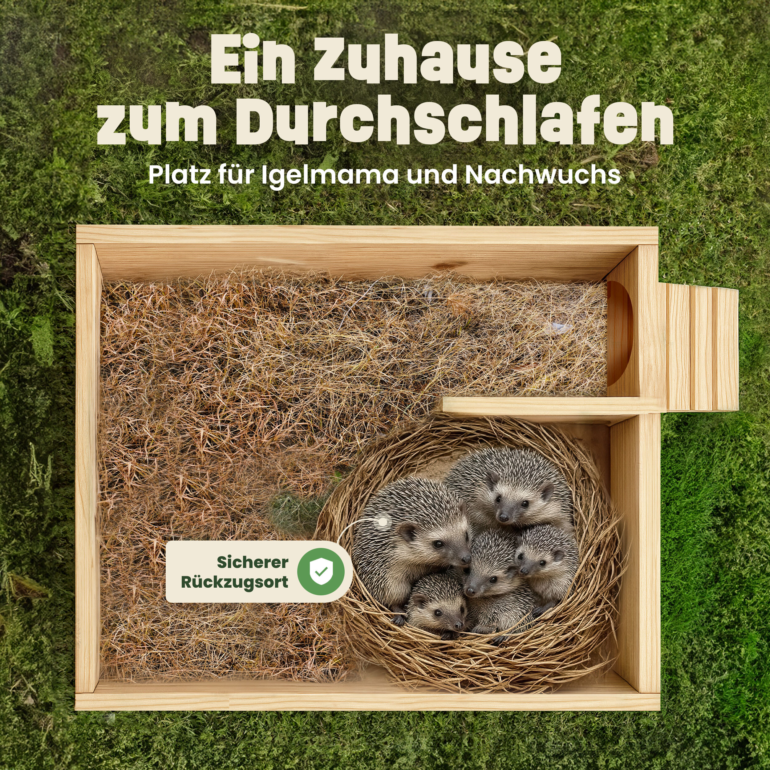 Igel Schlafhaus aus Holz mit sicherer Kammer für Igelmama und Nachwuchs