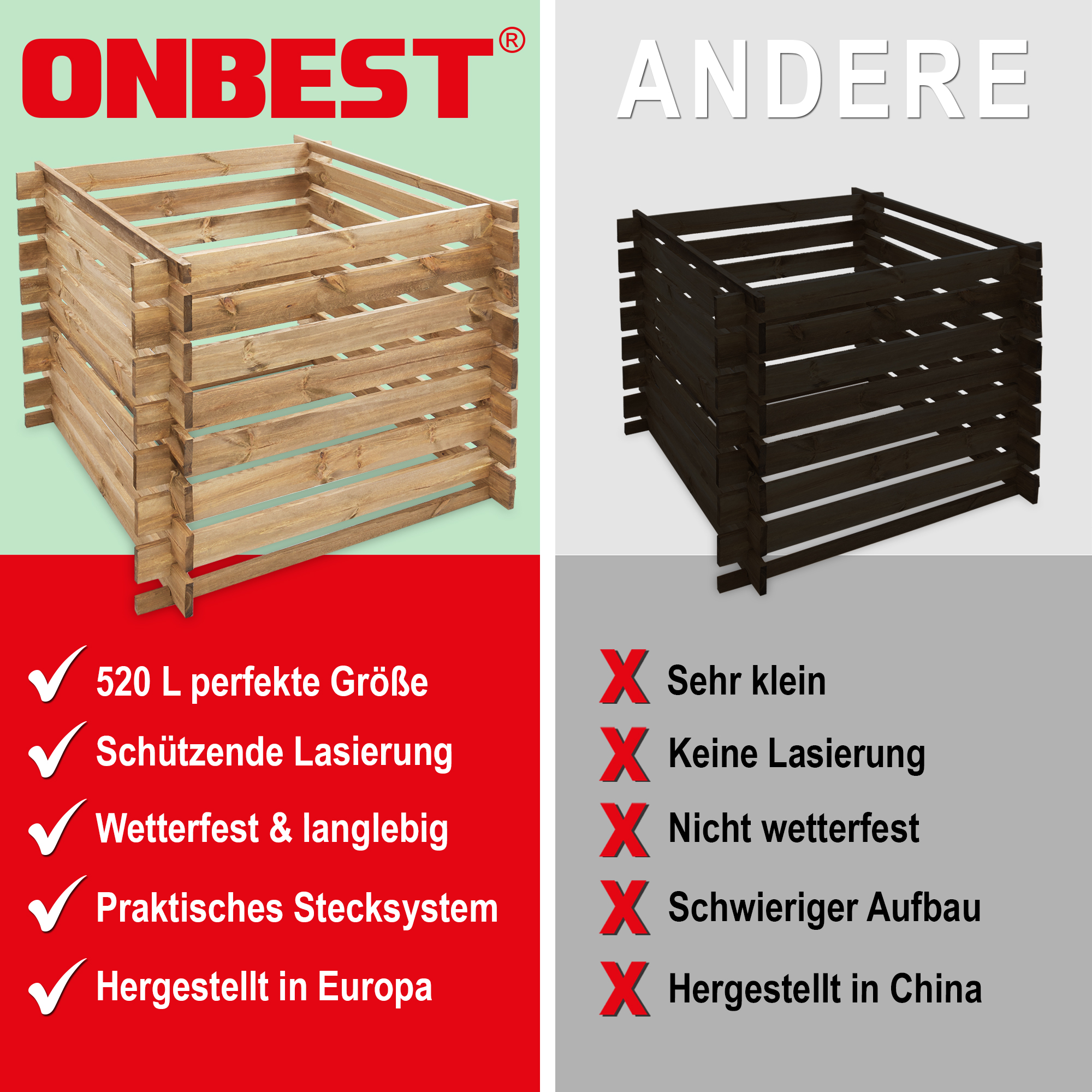 Komposter Holz - Groß, schützende Lasierung, wetterfest, langlebig, praktisches Stecksystem, Hergestellt in Europa