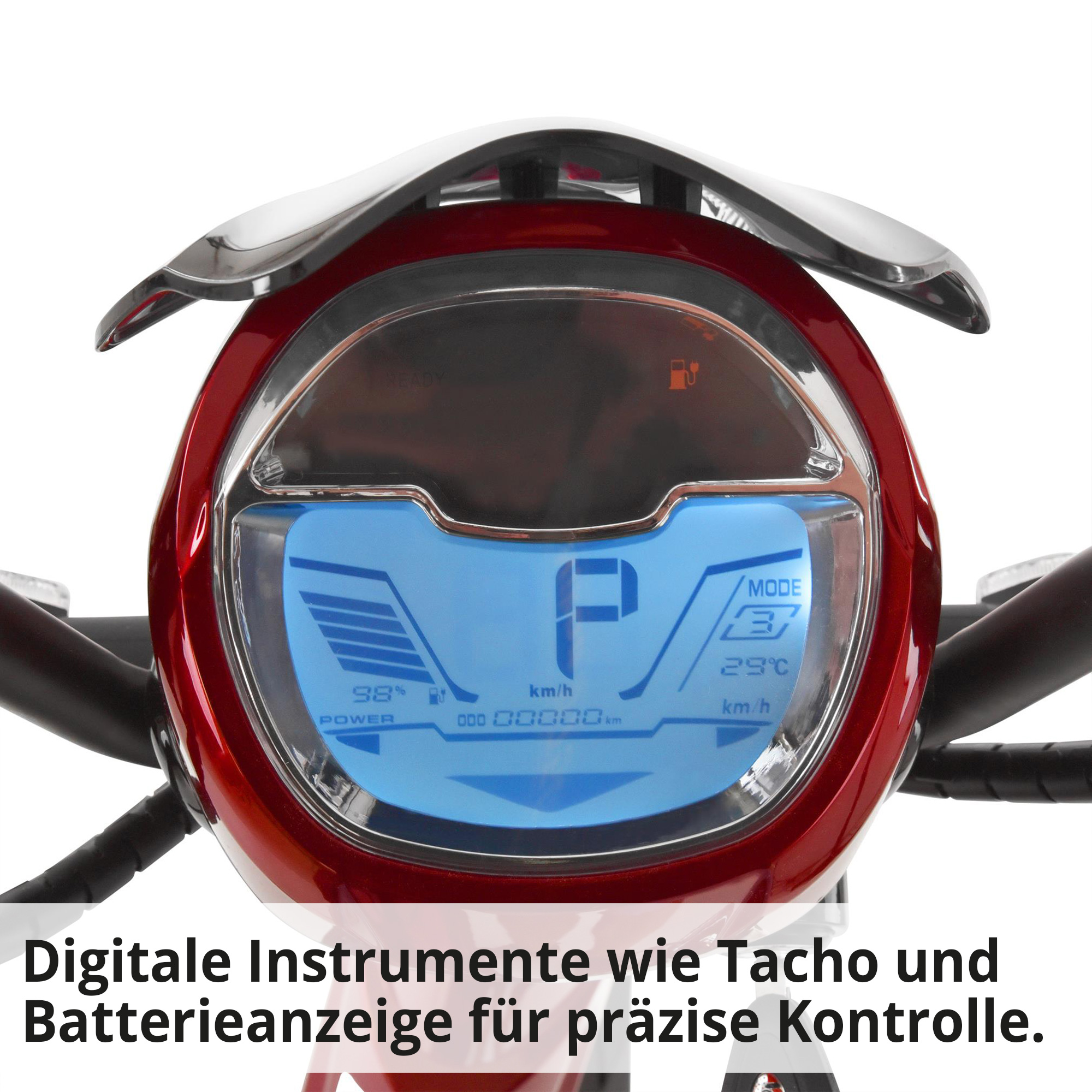 Hecht BETIS RED E-Mofa mit digitalen Instrumenten wie Tacho und Batterieanzeige für präzise Kontrolle