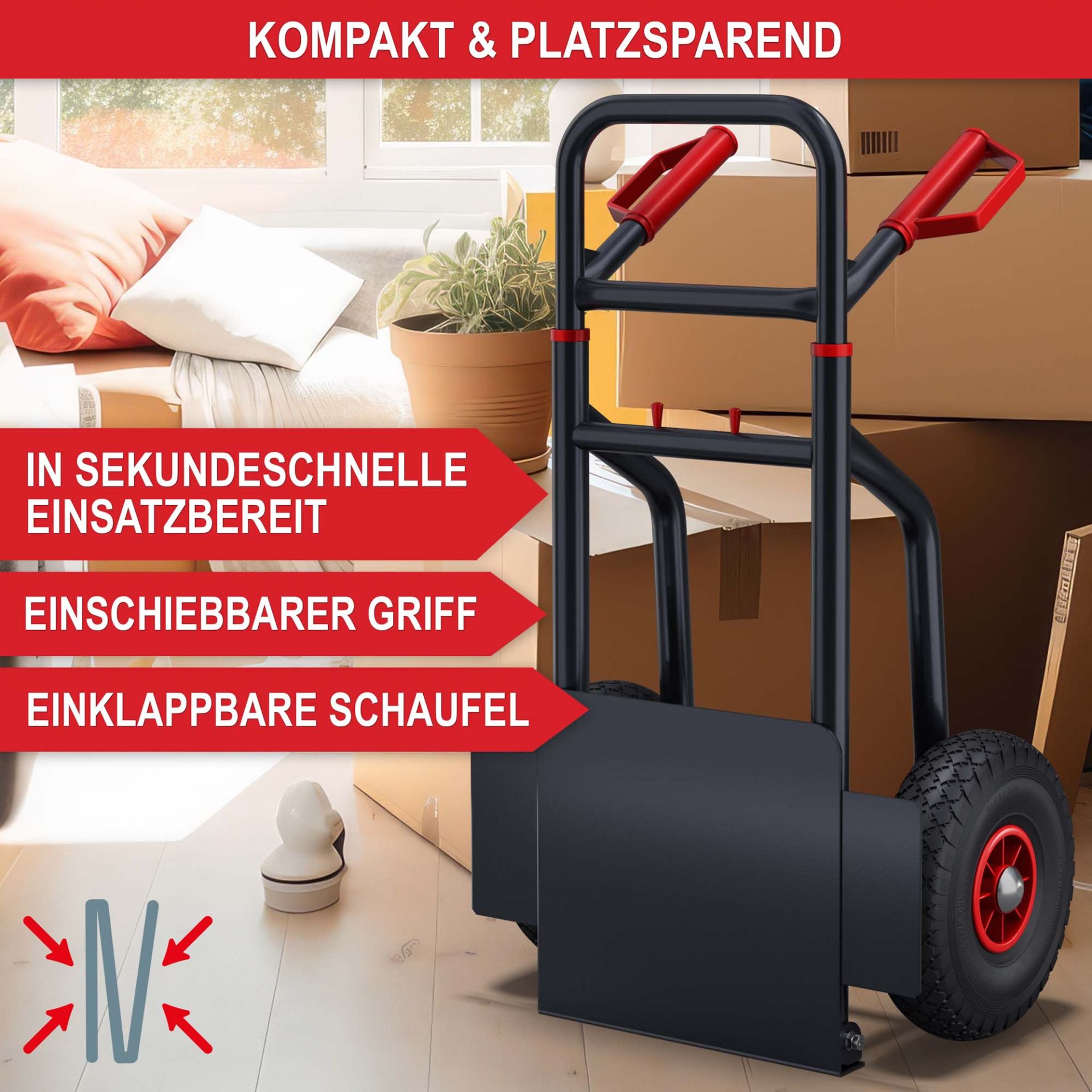 Sackkarre klappbar - kompakt und platzsparend, in Sekundenschnelle einsatzbereit, einklappbare Schaufel