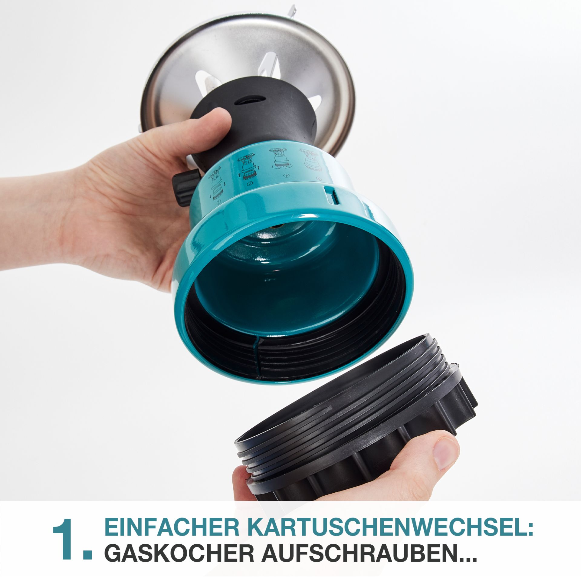 TOM GK-190 Gaskocher aufschrauben für einfachen Kartuschenwechsel