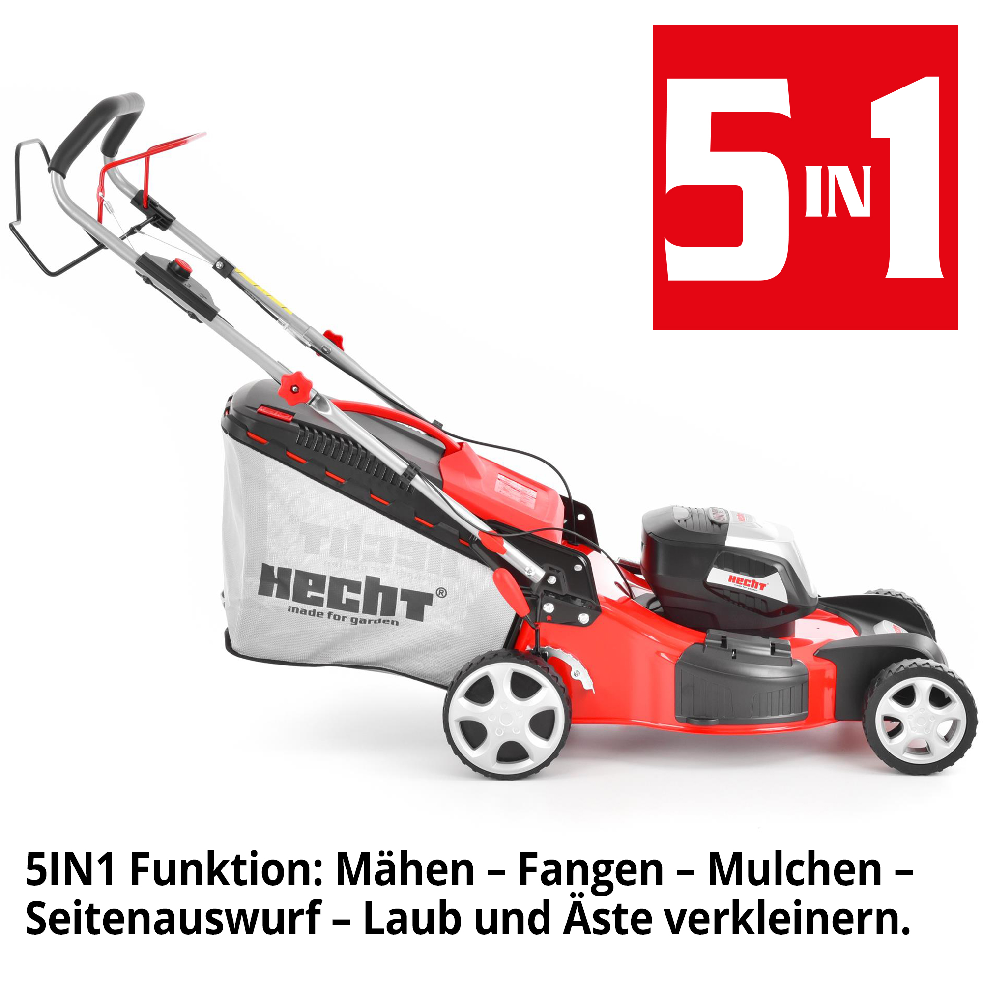 Hecht Akku-Rasenmäher 5045 S mit 5-in-1 Mähen Fangen Mulchen Laub und Äste zerkleinern und Seitenauswurf 