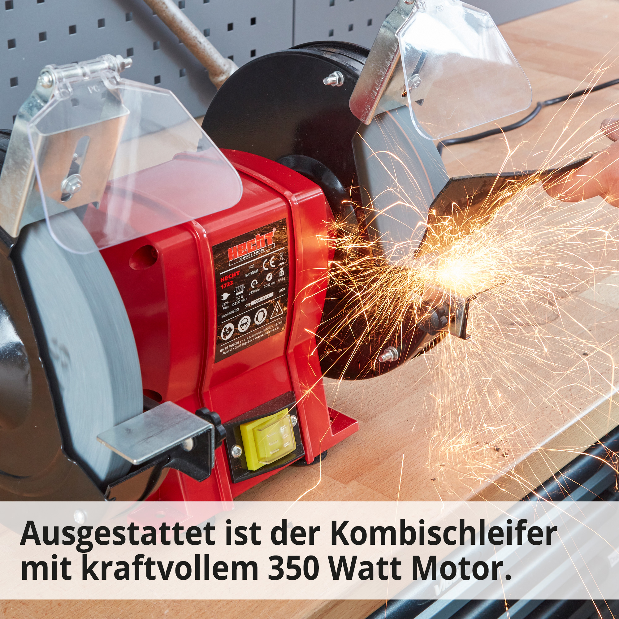 Hecht 1723 Doppelschleifer; Ausgestattet ist der Kombischleifer mit kraftvollem leistungsstarkem Motor