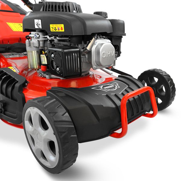 Leistungsstarker Benzinrasenmäher HECHT mit robustem OHV-Motor, Frontschutzbügel und großen Rädern für stabilen Betrieb  (Dieses Bild wurde mit Hilfe von KI generiert.)
