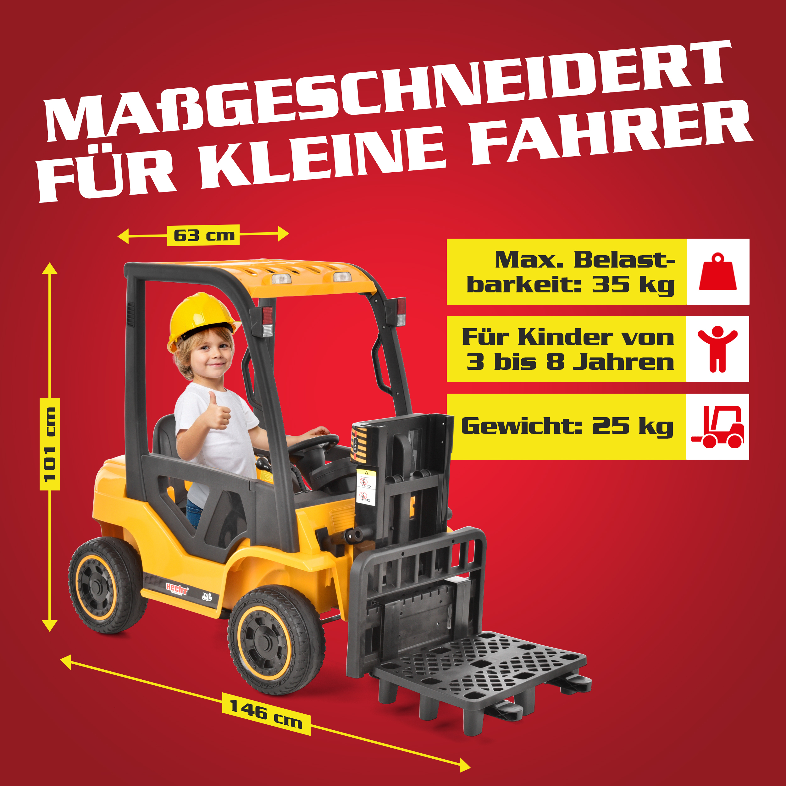 Elektro Gabelstapler HECHT 52108 GELB für Kinder von 3 bis 8 Jahren Elektro Gabelstapler HECHT 52108 GELB für Kinder von 3 bis 8 Jahren
