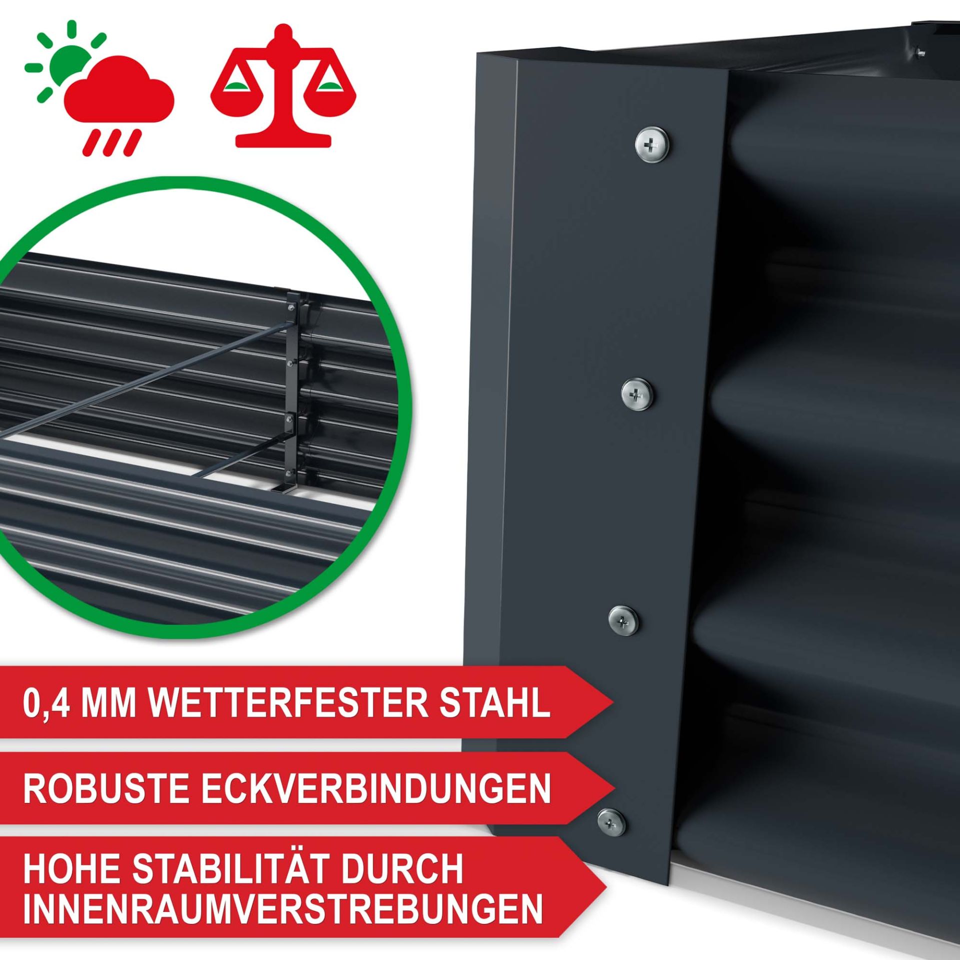 Hochbeet Stahl Anthrazit L - Wetterfester Stahl, robuste Eckverbindungen, hohe Stabilität durch Innenverstrebungen