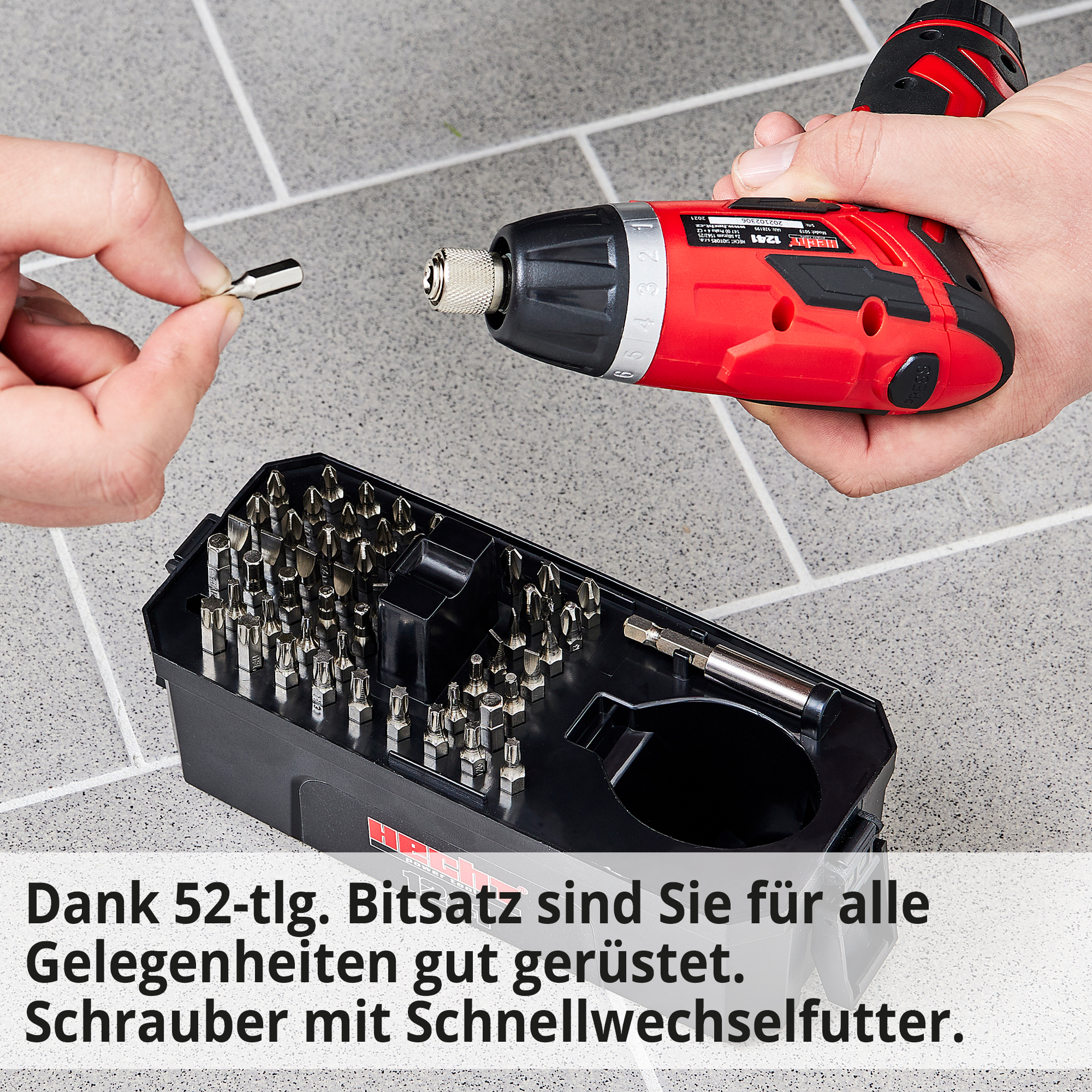 HECHT 1241 Mini-Akkuschrauber; Dank 52 teiliger Bitsatz sind Sie für alle Gelegenheiten gut gerüstet; Schrauber mit Schnellwechselfutter