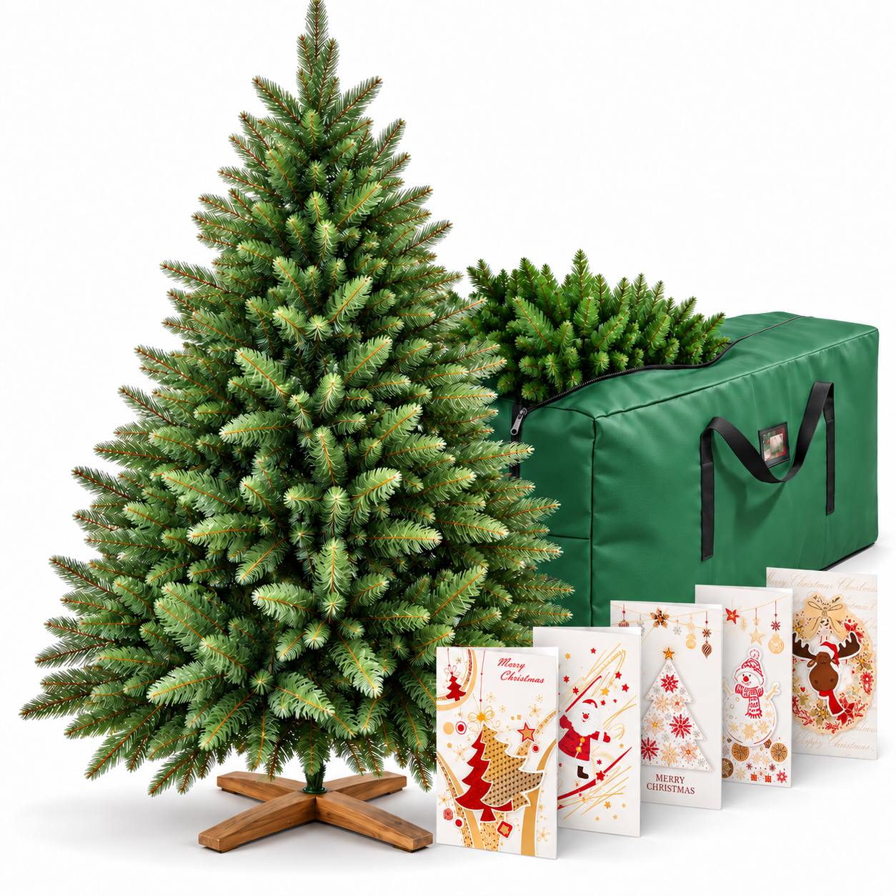 Künstlicher Weihnachtsbaum mit Tasche und Karten wie echt (Dieses Bild wurde mit Hilfe von KI generiert.)