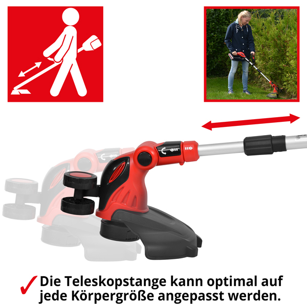 Akku Rasentrimmer; Teleskopstange kann optimal auf jede Körpergröße angepasst werden