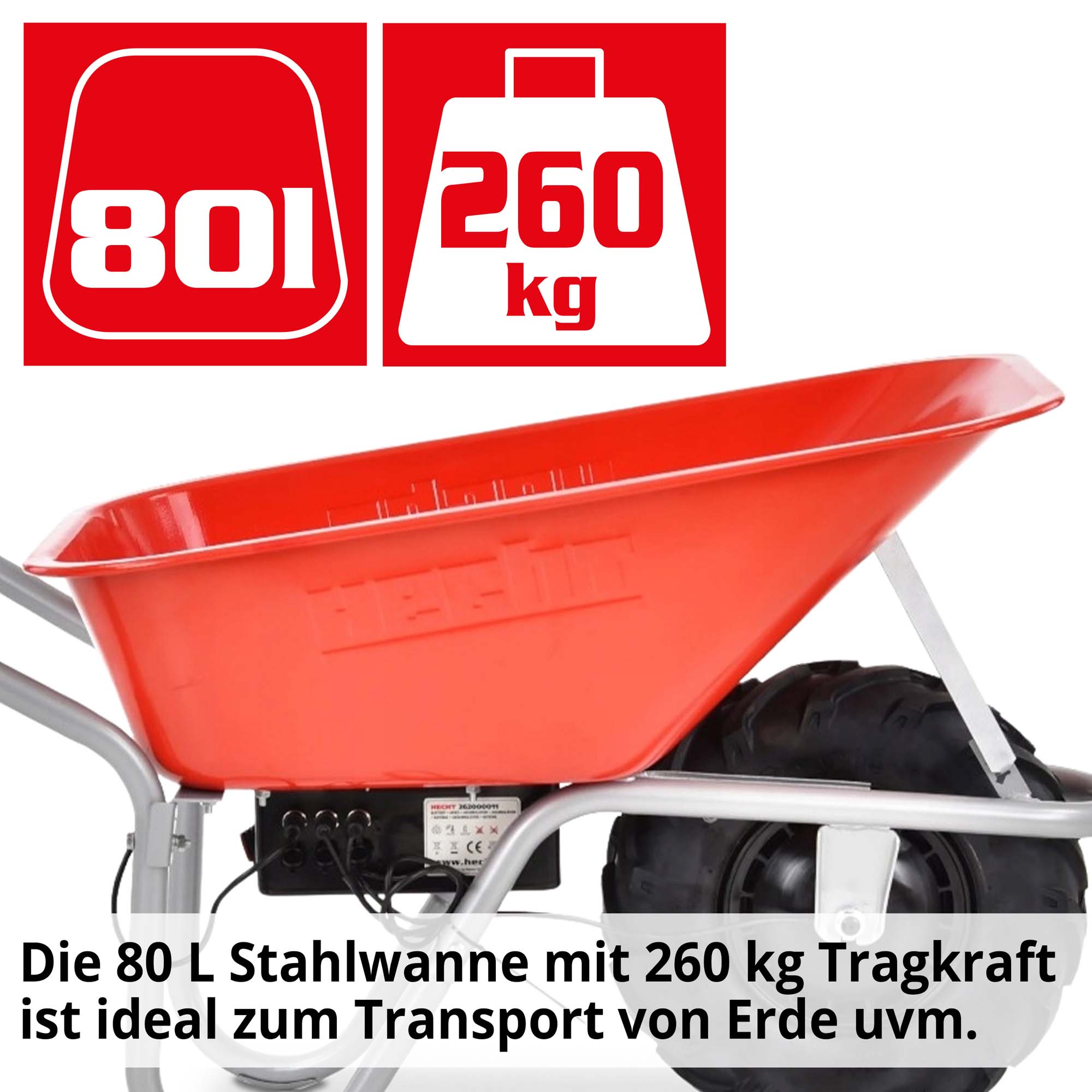 Hecht Elektro-Schubkare mit 80 Liter Fassungsvermögen und 260 Kg Tragkraft Ideal für Sand 