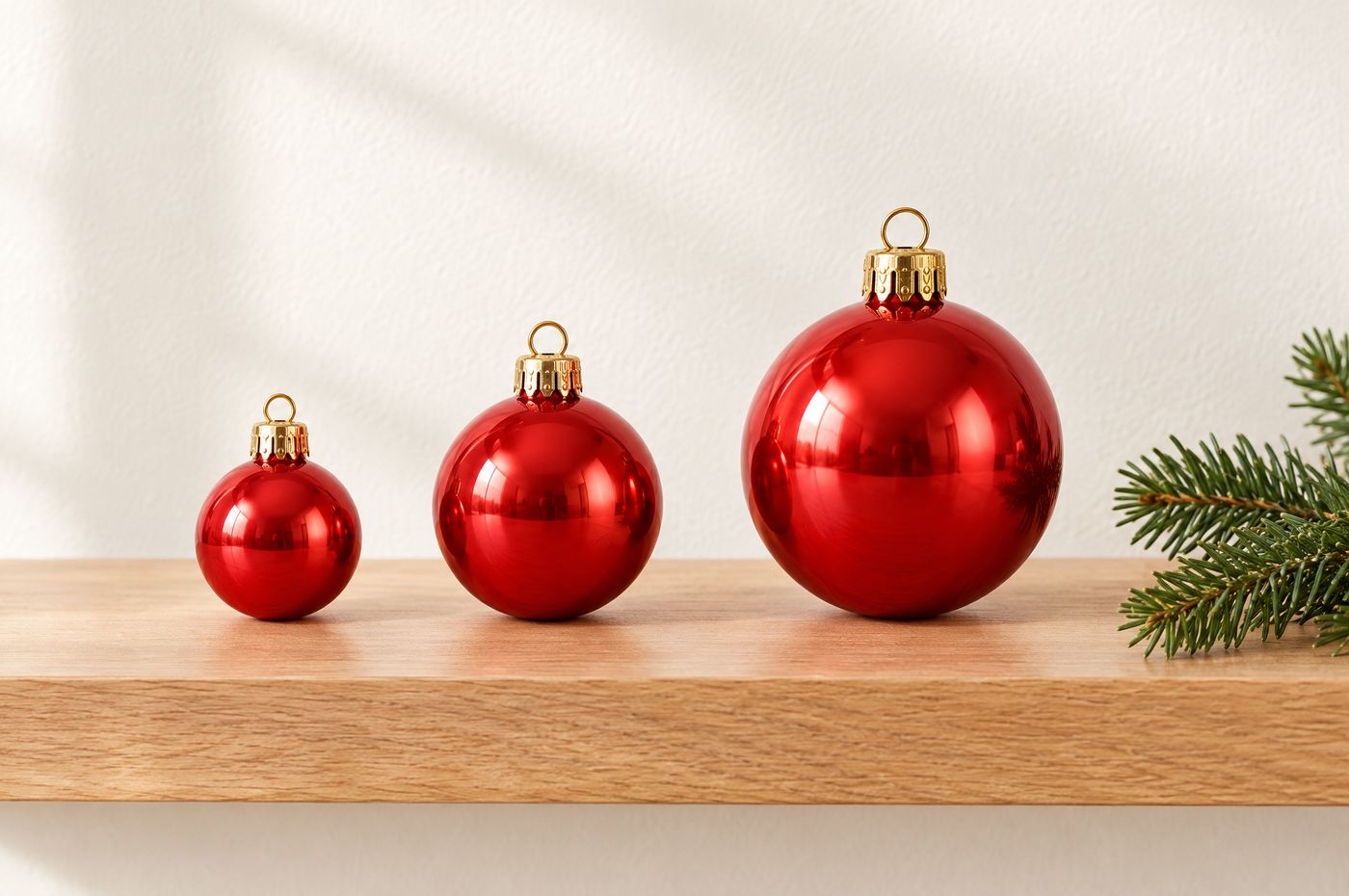 Drei rote Weihnachtskugeln in den Größen Ø 3 cm, Ø 4 cm und Ø 6 cm nebeneinander auf einem Holzregal (Dieses Bild wurde mit Hilfe von KI generiert.)