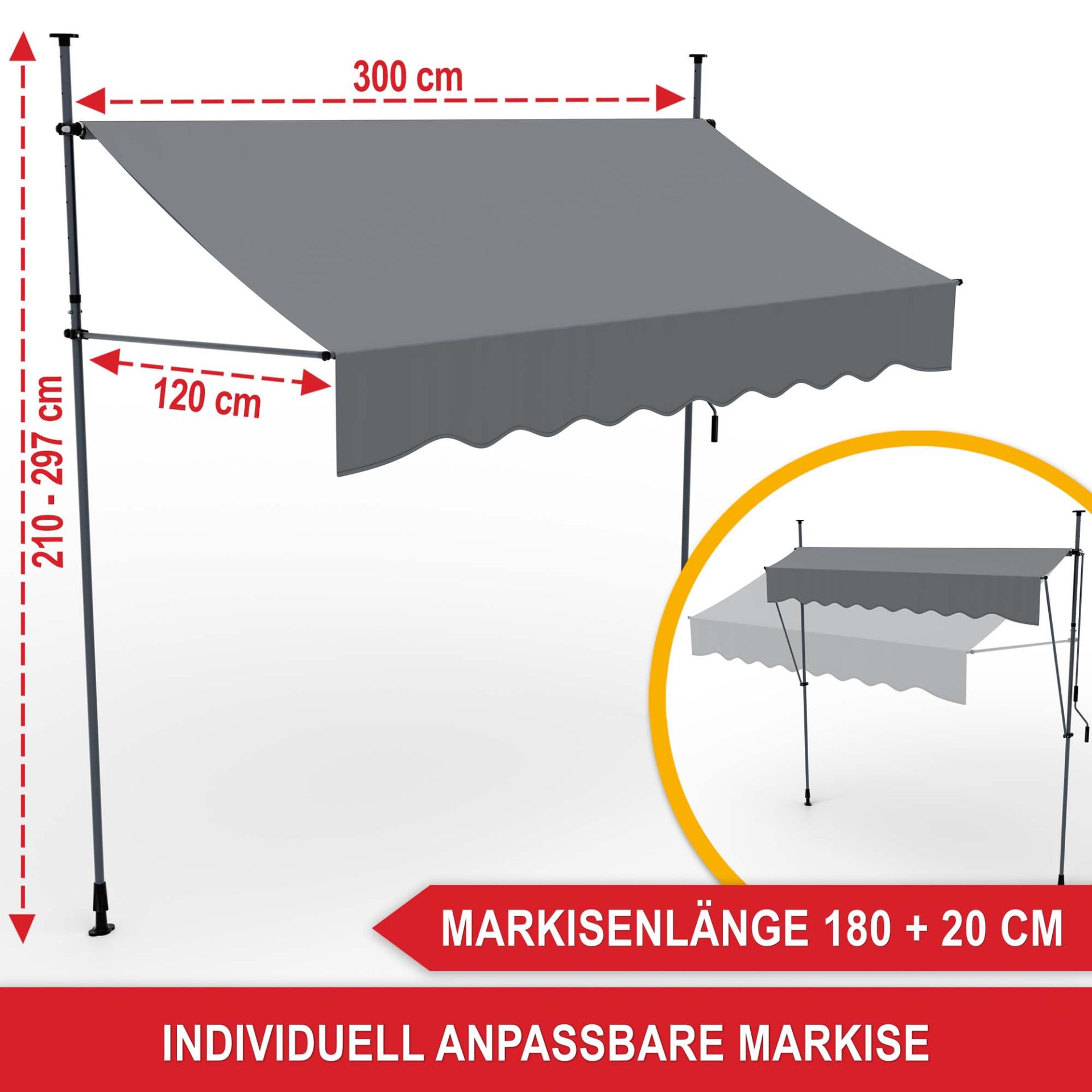 Balkonmarkise L Hellgrau - Markisenlänge, individuell anpassbare Markise
