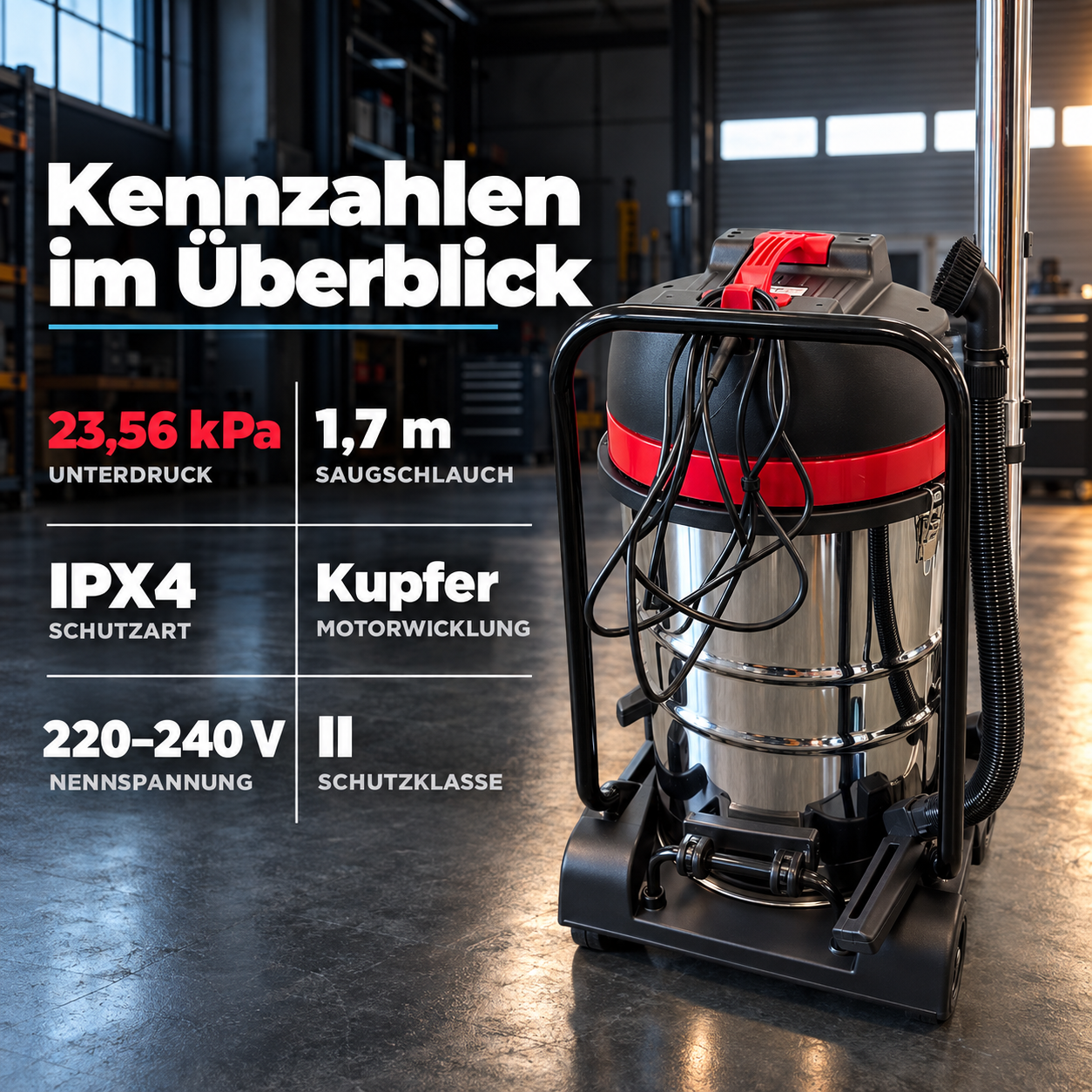 Gewerbesauger Kennzahlen: 23,56 kPa Unterdruck bei IPX4 Schutzart (Dieses Bild wurde mit Hilfe von KI generiert.)
