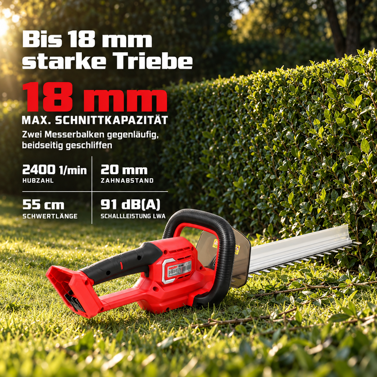 Kabellose Heckenschere von HECHT durchtrennt bis zu 18 mm Triebe (Dieses Bild wurde mit Hilfe von KI generiert.)