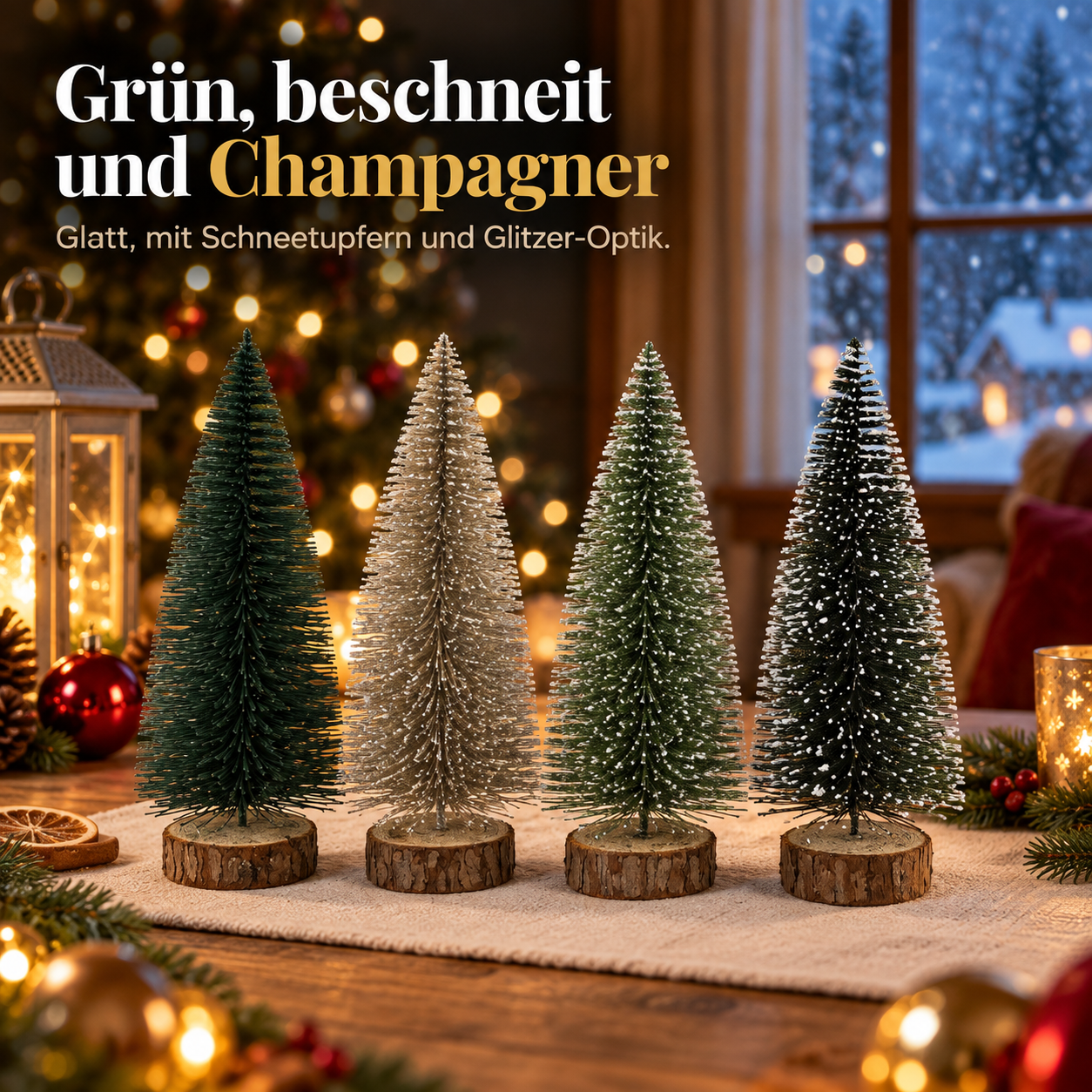 Weihnachtsdeko Bäumchen: Grün, beschneit und Champagner (Dieses Bild wurde mit Hilfe von KI generiert.)