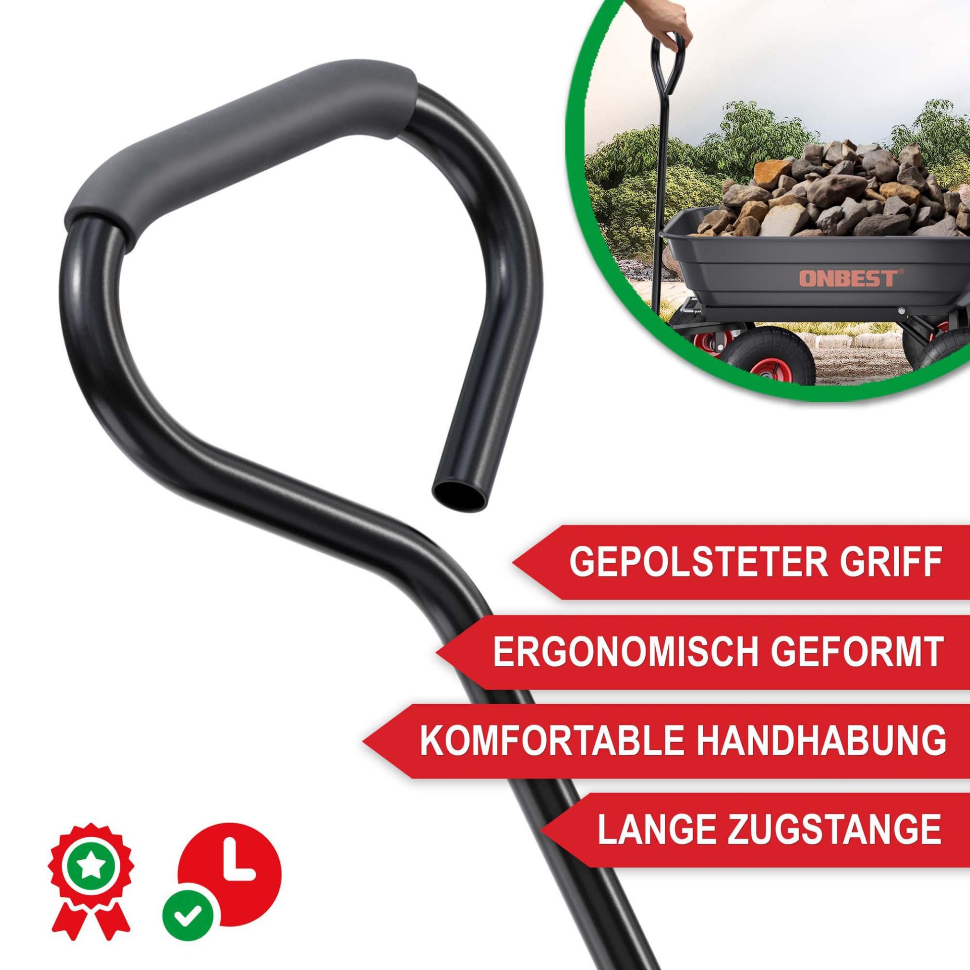 Gartenwagen - gepolsteter Griff, ergonomisch geformt, komfortable Handhabung, lange Zugstange