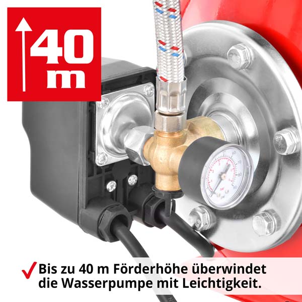 Hauswasserwerk mit Druckmanometer und Anschlussarmatur, Förderhöhe bis zu 40 Metern