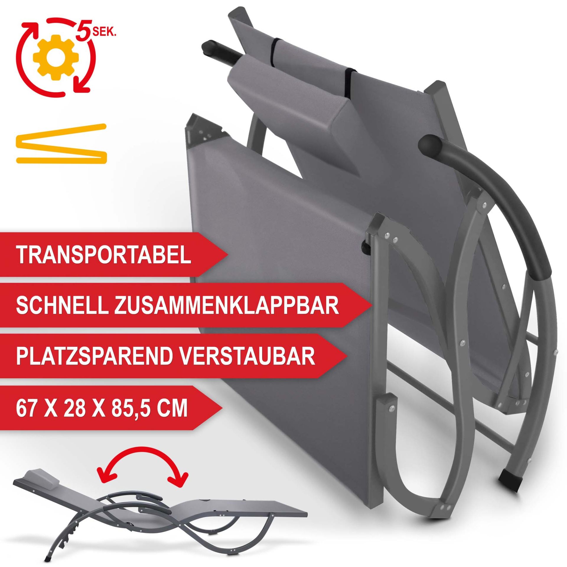 Sonnenliege Madrid - Transportabel, schnell Zusammenklappbar, Platzsparend verstaubar