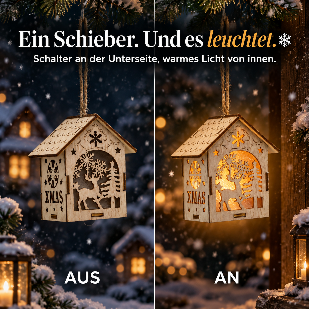 Holzhäuschen Anhänger im Vergleich: Wirkung mit und ohne LED-Licht (Dieses Bild wurde mit Hilfe von KI generiert.)