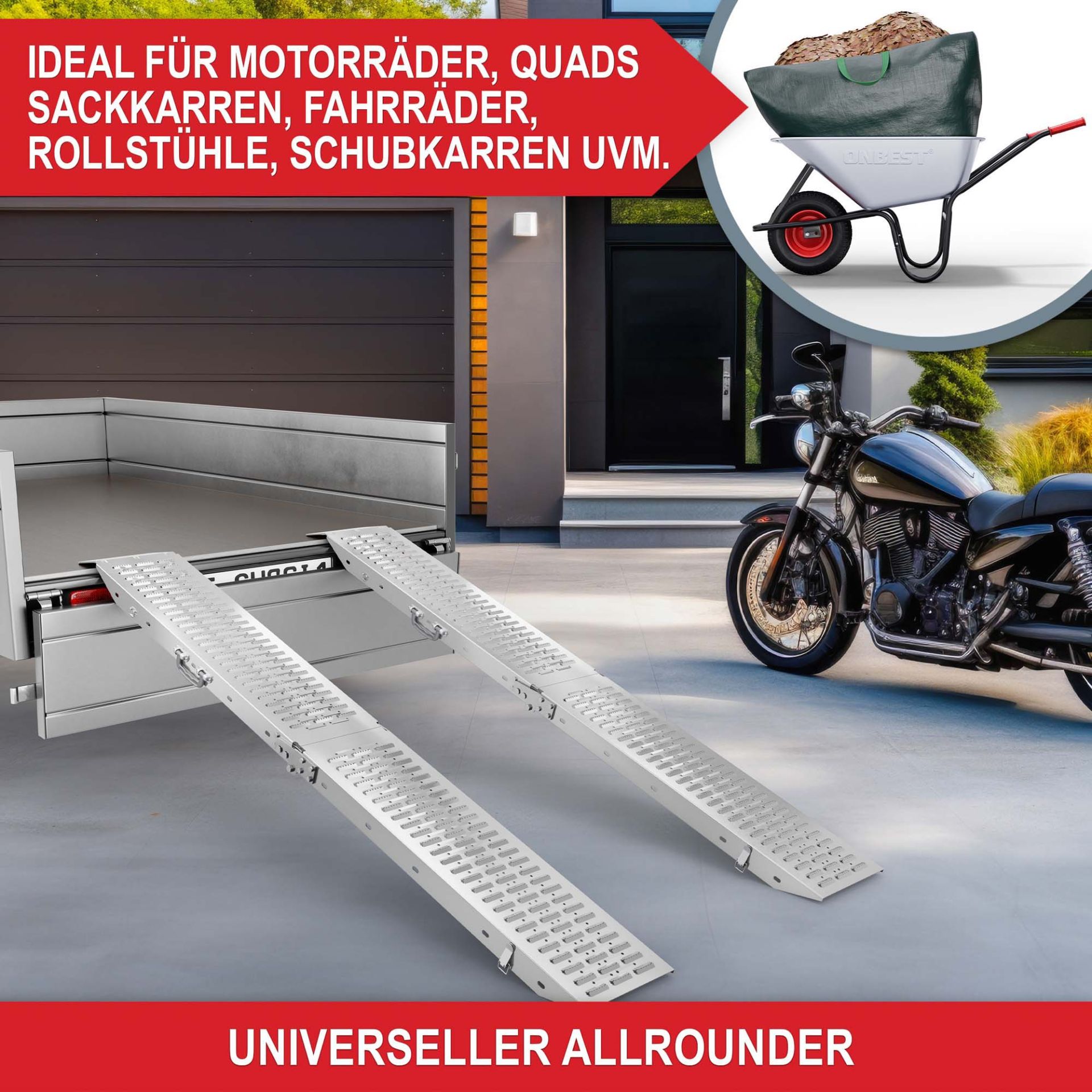 Auffahrrampen klappbar - Ideal für Motorräder, Quads, Sackkarren, Fahrräder, Rollstühle, Schubkarren, universeller Allrounder