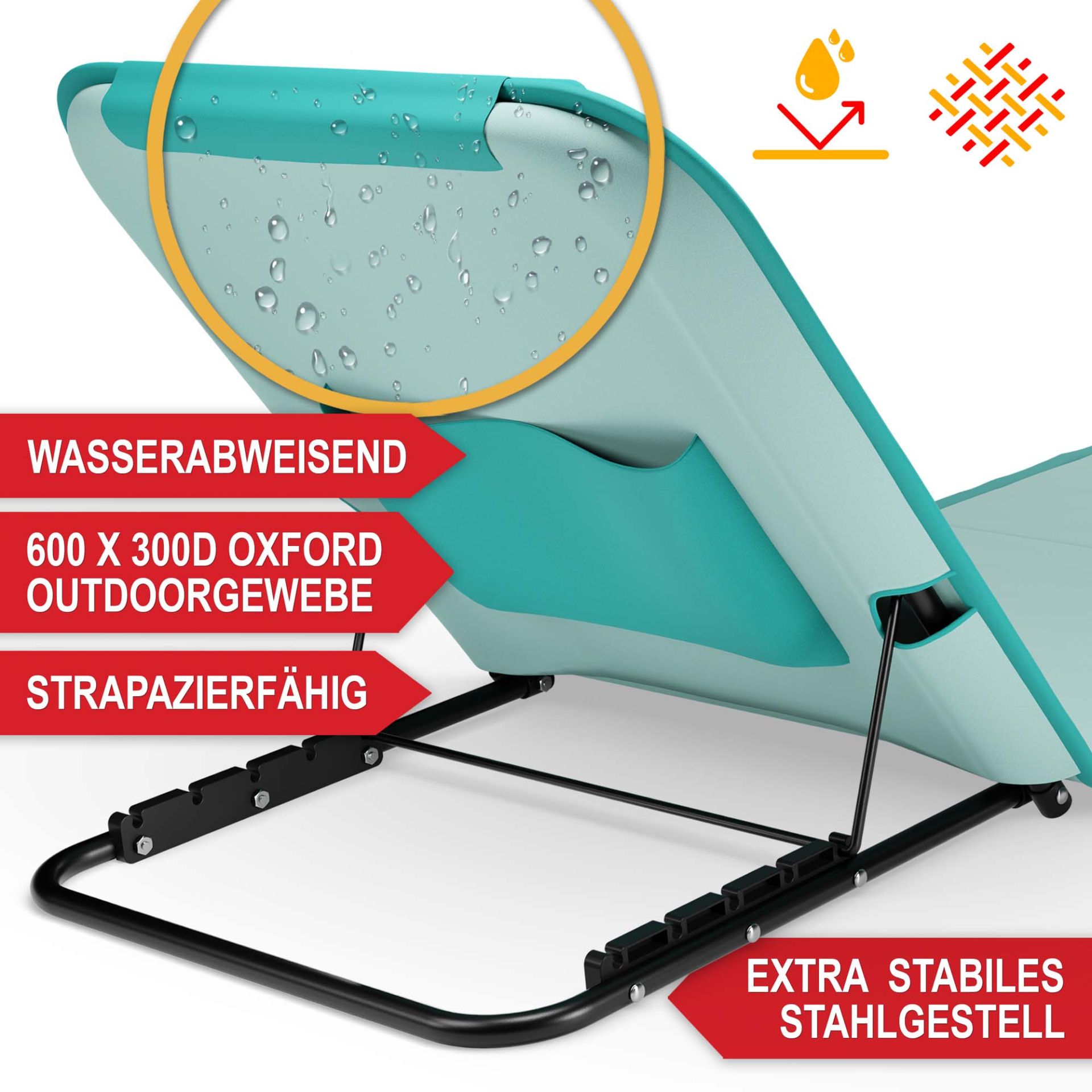 Strandliege türkis - wasserabweisend, strapazierfähig, 600 mal 300D Oxford Outdoorgewebe, extra stabiles Stahlgestell