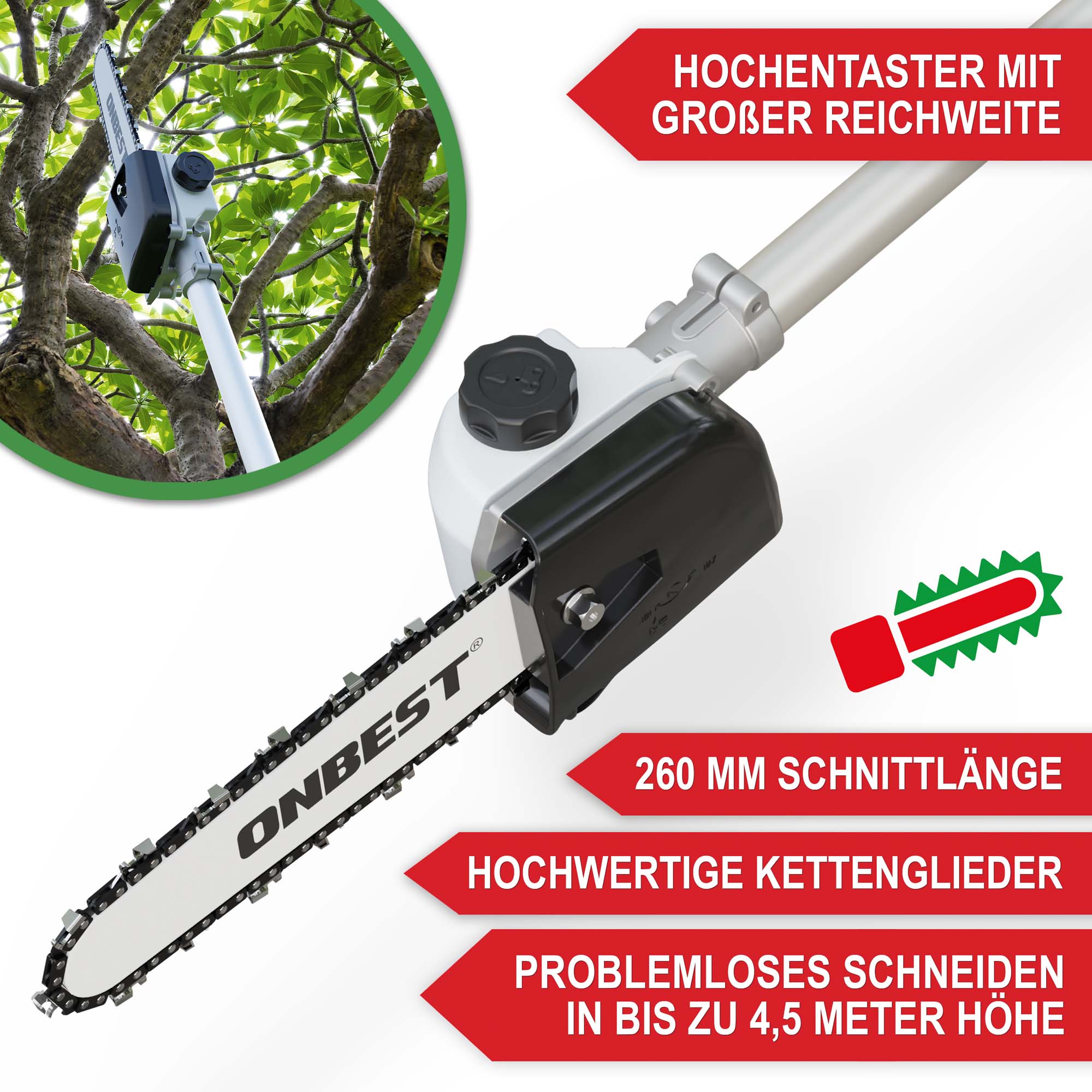 Multitool Benzin 4in1 1452 mit Hochentaster mit großer Reichweite, 260mm Schnittlänge, hochwertiger Kettenglieder; problemloses schneiden in bis zu 4,5 Meter höhe