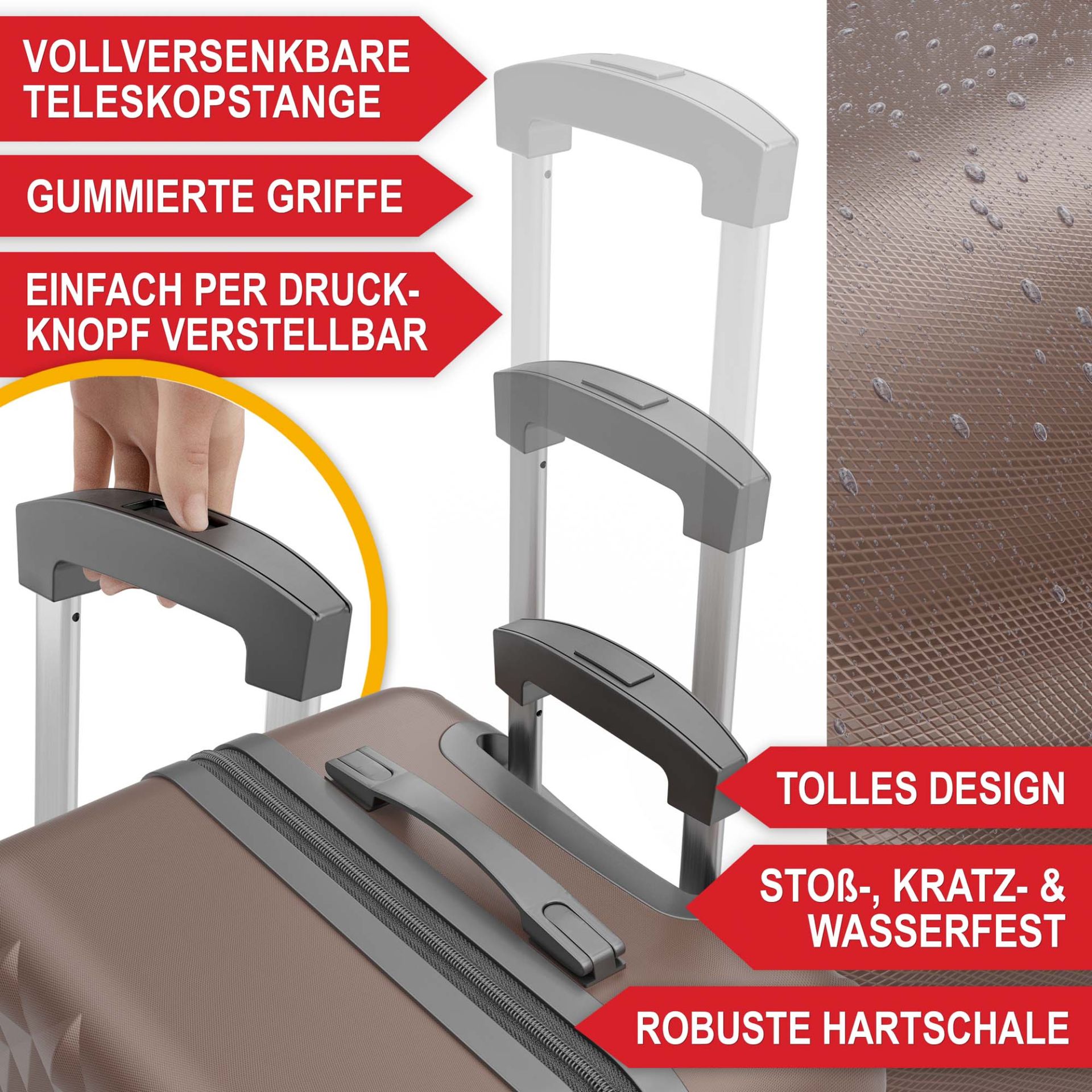 Hartschalenkofferset Coffee - Vollversenkbare Teleskopstange; gummierte Griffe; einfach per Druckknopf verstellbar; tolles Design; stoß- kratz- und Wasserfest; robuste Hartschale