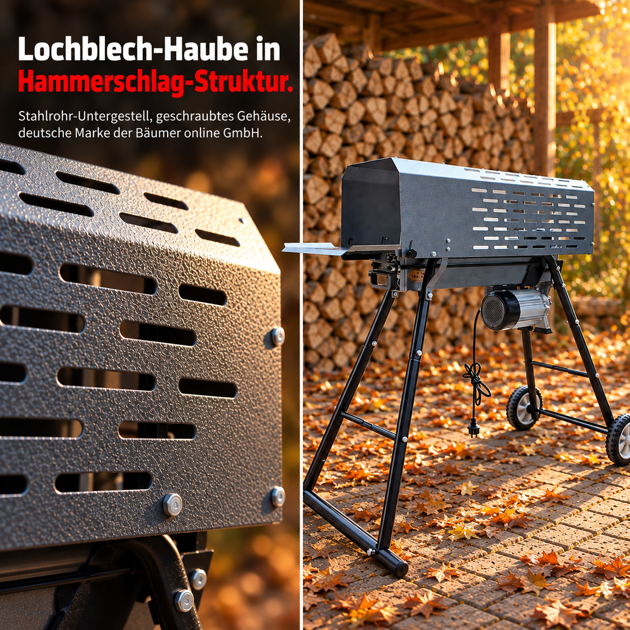 ONBEST Holzspalter verfügt über ein robustes Gehäuse in Hammerschlag-Optik (Dieses Bild wurde mit Hilfe von KI generiert.)