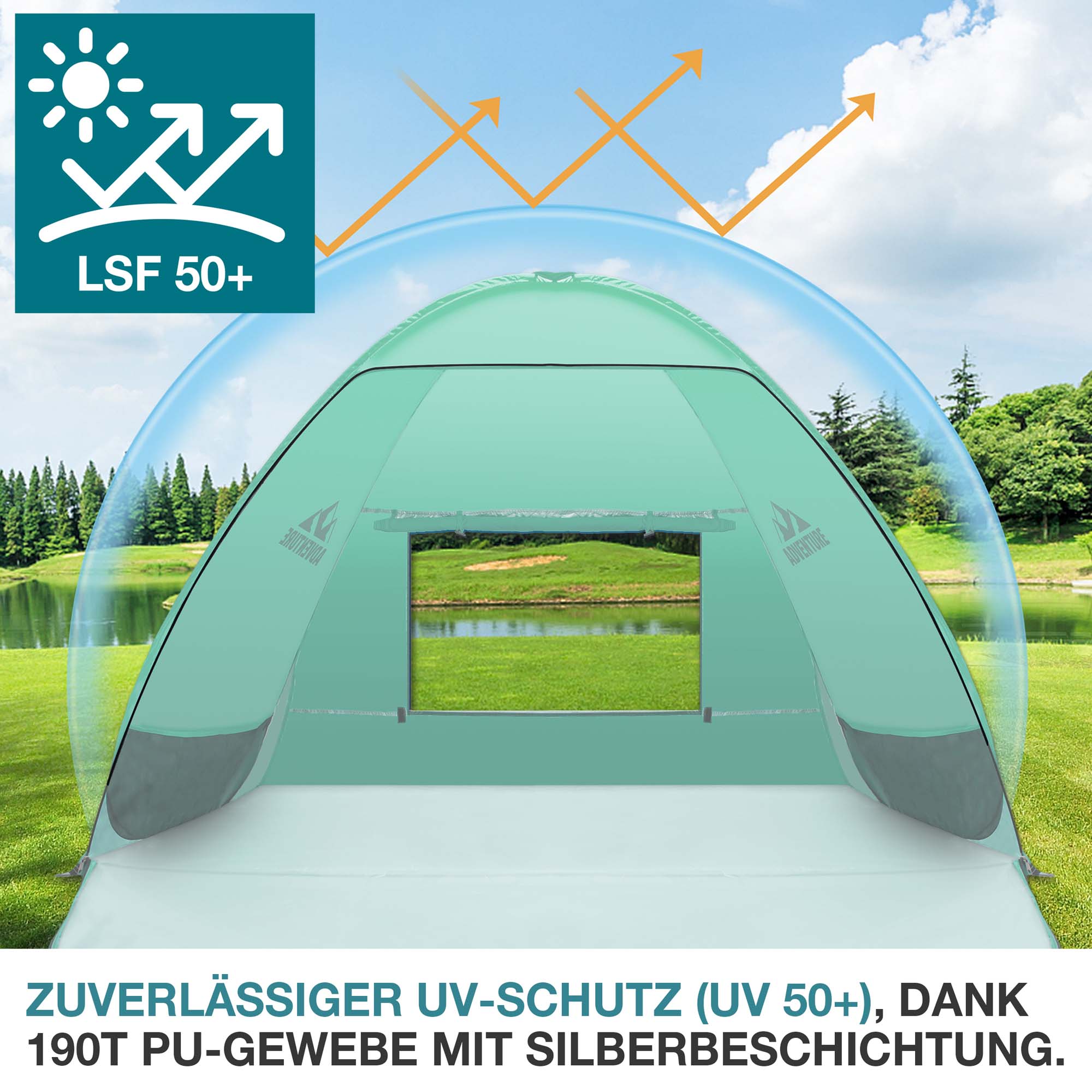 Grüne Strandmuschel mit UV-Schutz LSF 50+ dank silberbeschichtetem 190T PU-Gewebe für optimalen Sonnenschutz