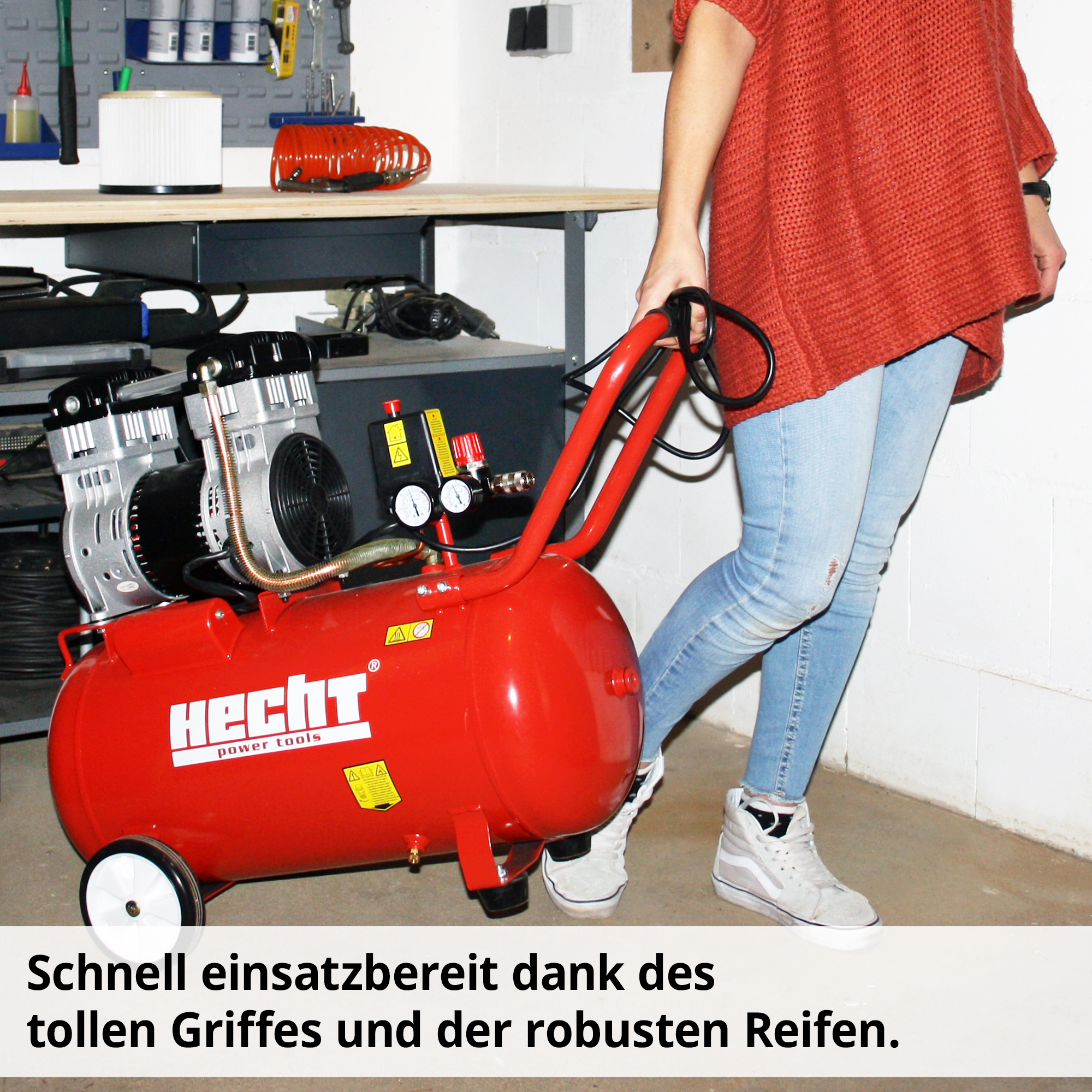 HECHT Flüster Kompressor »2085« Flüster Kompressor mit praktischem Griff und robusten Reifen