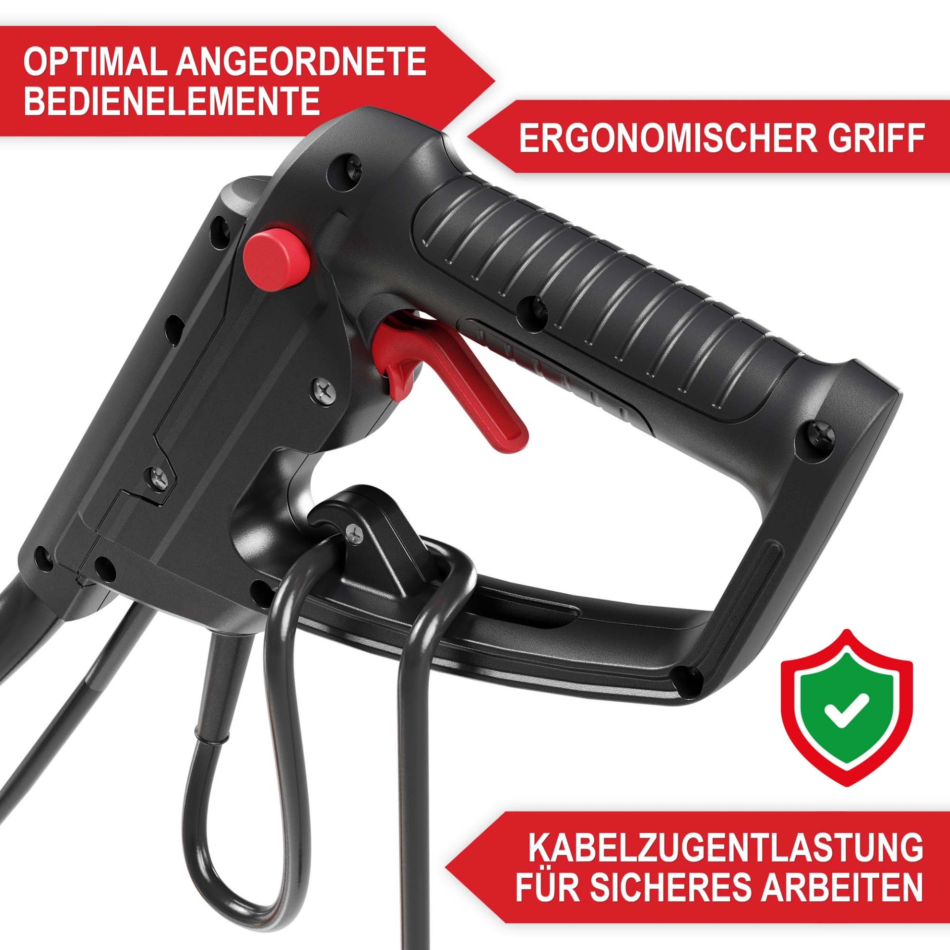 Gartenhacke Elektro T1545 - Optimal angeordnete Bedienelemente; ergonomischer Griff; Kabelzugentlastung für sicheres arbeiten