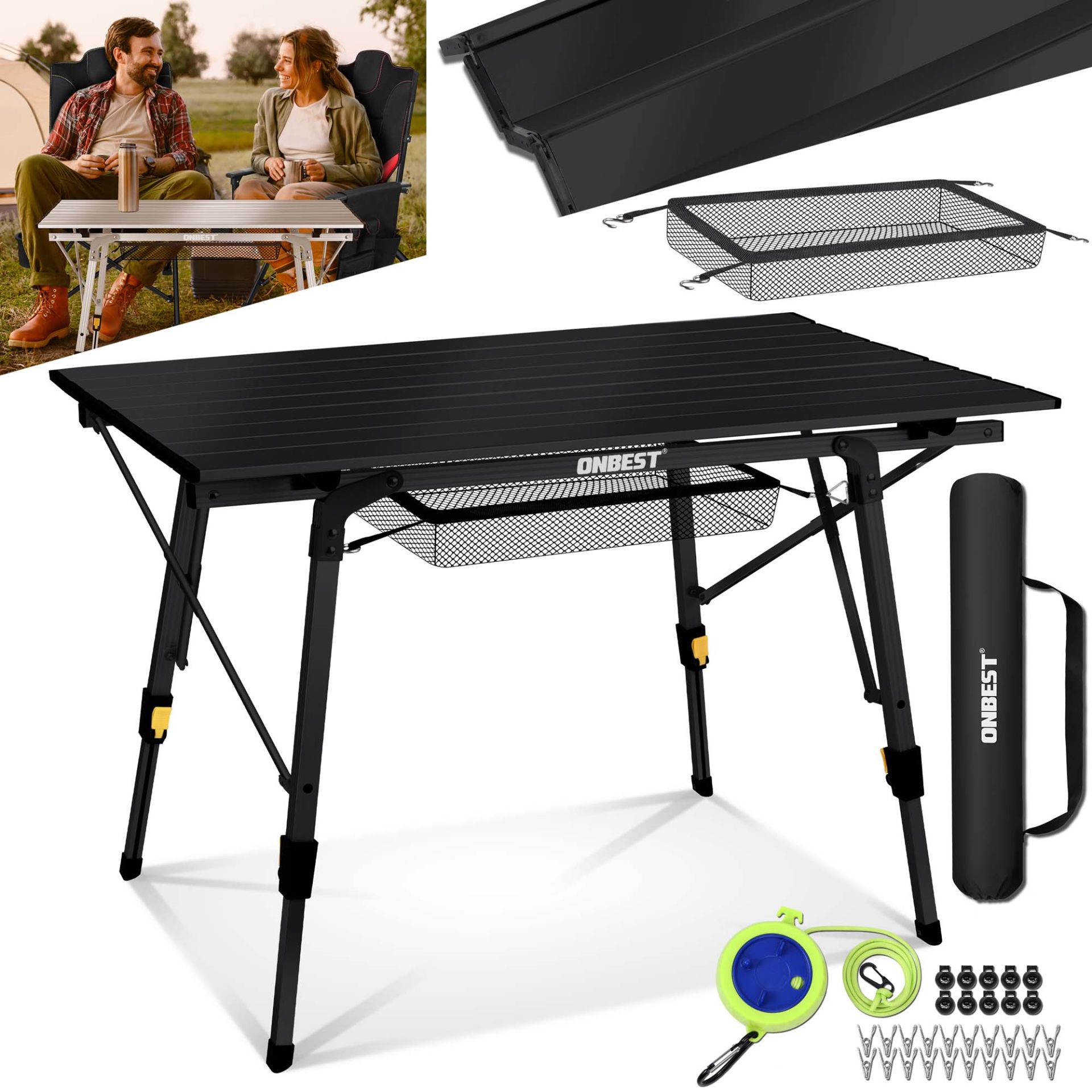 Klapptisch Norderney schwarz - Inklusive Zubehör, 20 x Wäscheklammern, Wäscheleine, Integrierte Netztasche und rutschfeste Füße