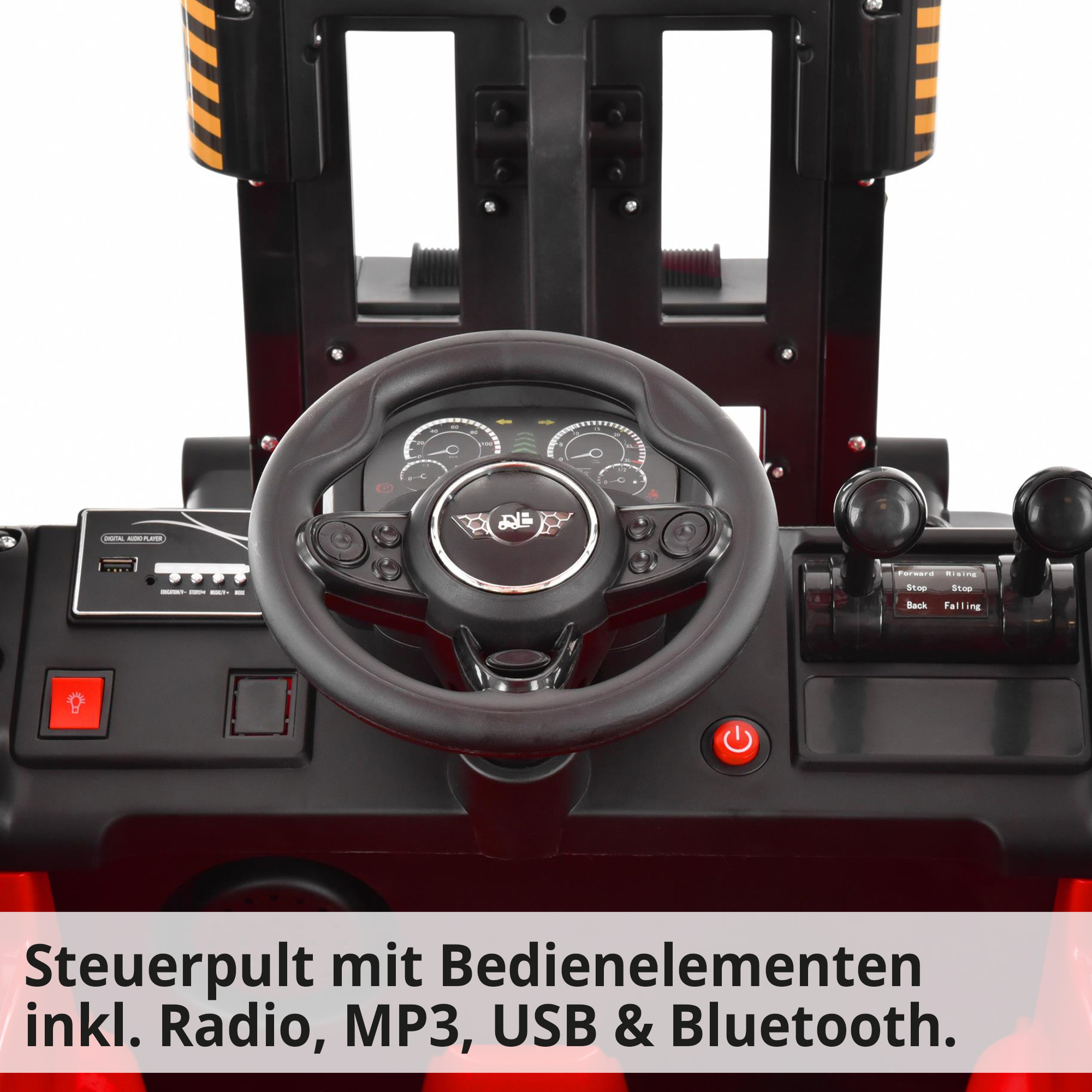 Hecht 52108RED Kinder Elektro Gabelstapler ROT; Steuerpult mit Bedienelementen inklusive Radio, MP3, USB und Bluetooth