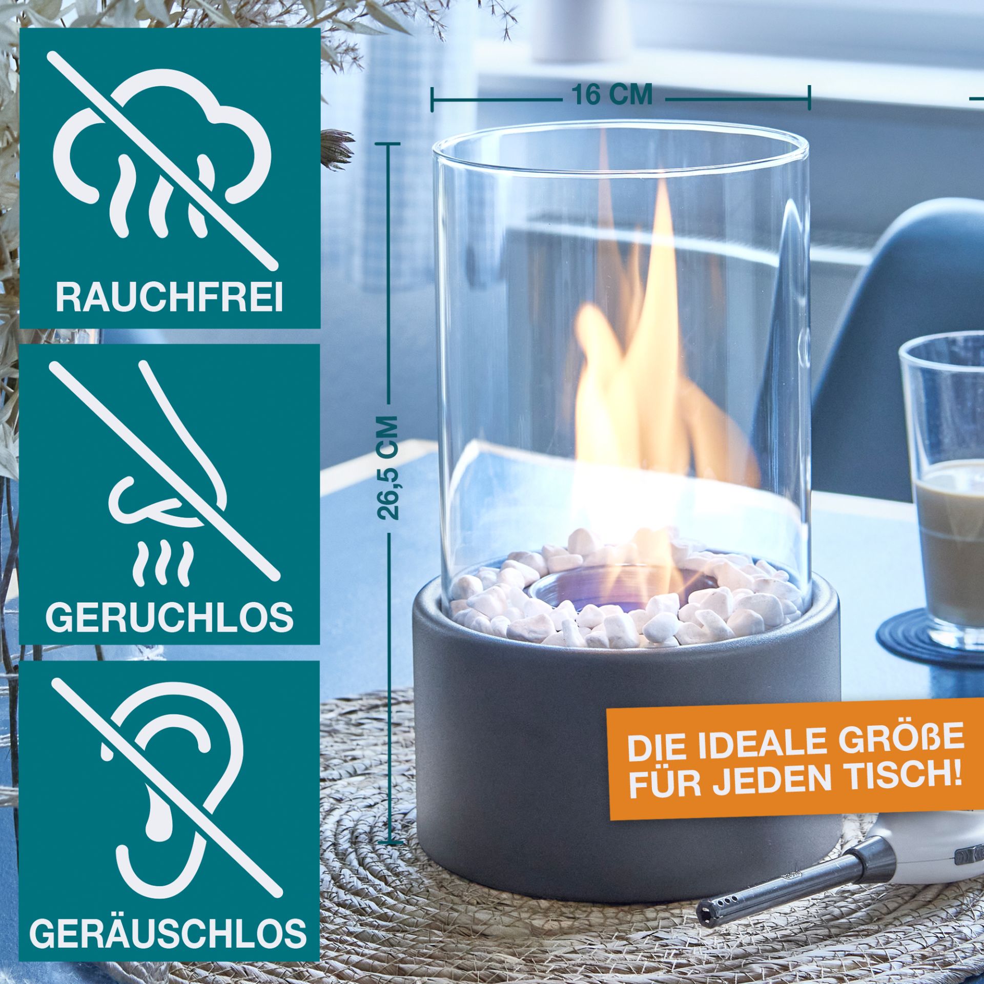 TOM Tischkamin Rund; rauchfrei, geruchslos und geräuschlos