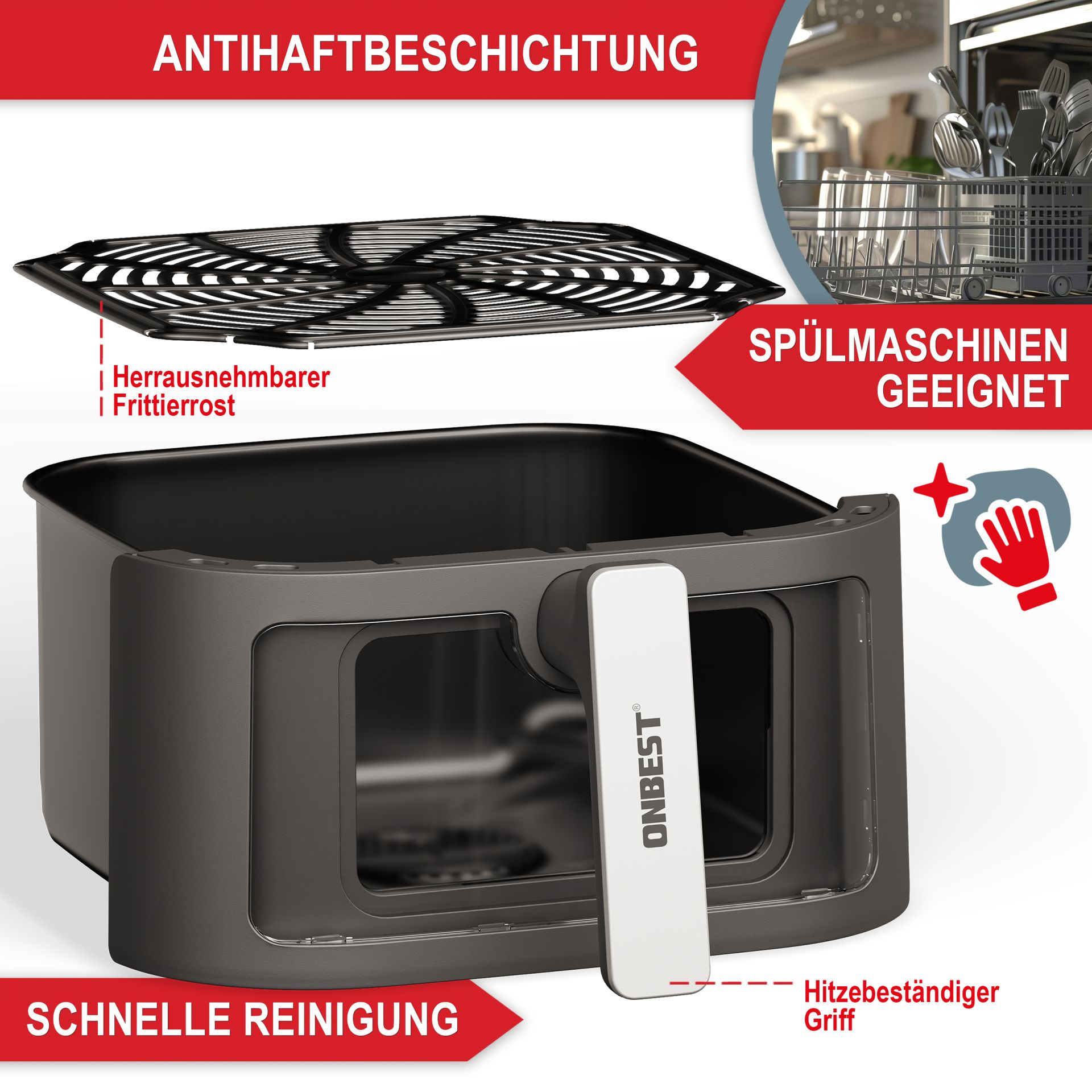 Heißluftfritteuse Airfryer - Antihaftbeschichtung; Spülmaschinen geeignet; schnelle Reinigung; herausnehmbarer Frittierrost; Hitzebeständiger Griff