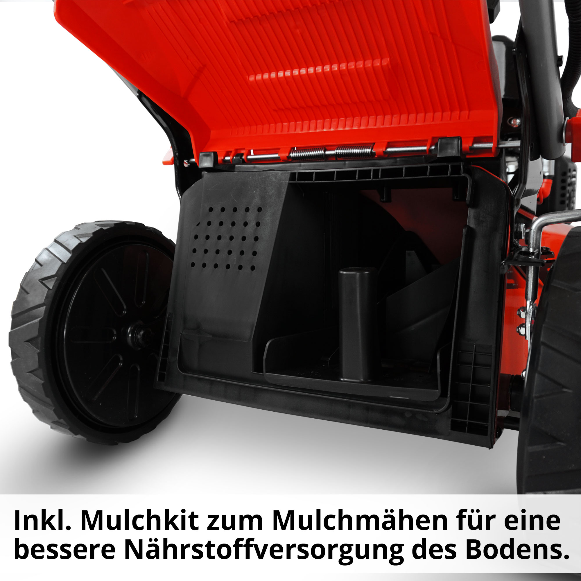 HECHT Benzinmäher mit Seitenauswurf, dessen Klappe dank Federsystem automatisch und sicher verriegelt