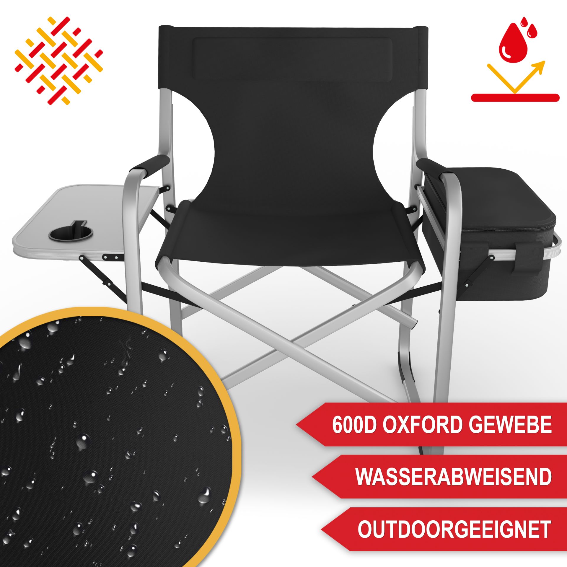 Campingstuhl mit Kühltasche schwarz - 600D Oxford Gewebe, wasserabweisend, Outdoorgeeignet