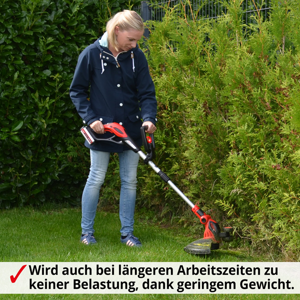 Akku Rasentrimmer; Auch bei längeren Arbeitszeiten keine große Belastung, dank leichtem Gewicht