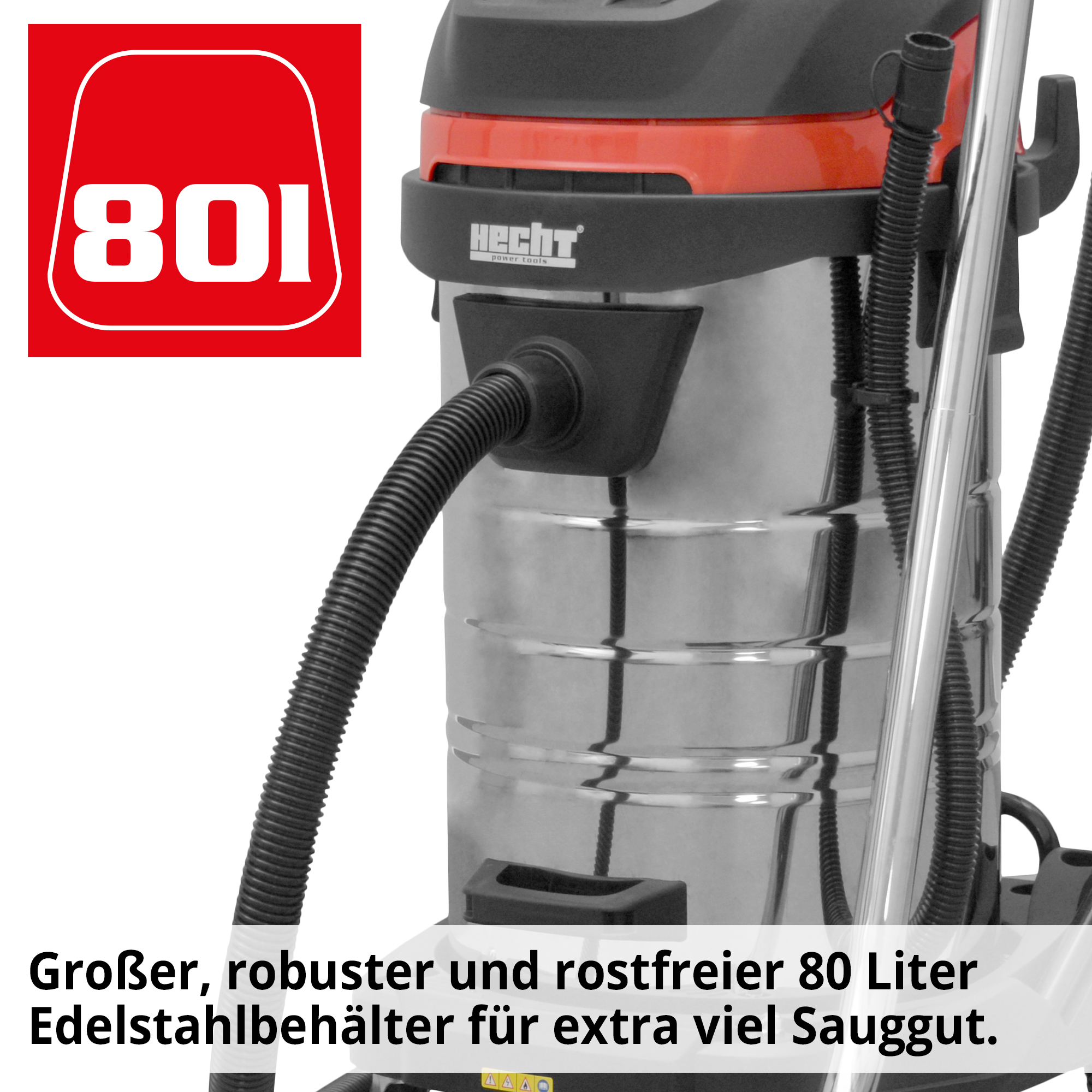 HECHT 8380 Industriesauger mit großem, robustem und rostfreiem 80 Liter Edelstahlbehälter