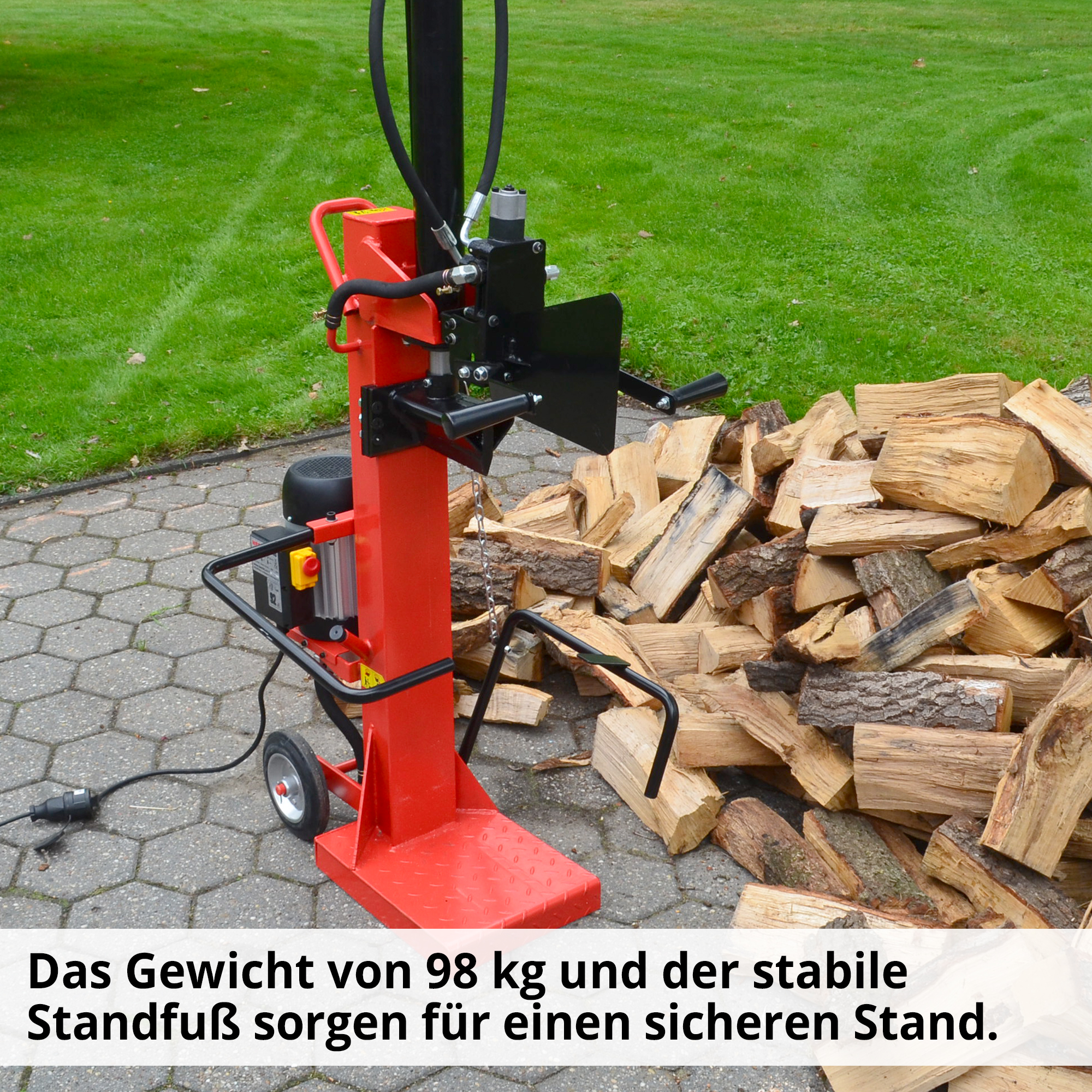Holzspalter; Sicherer Stand dank 98 Kilogramm Gewicht und stabilem Standfuß