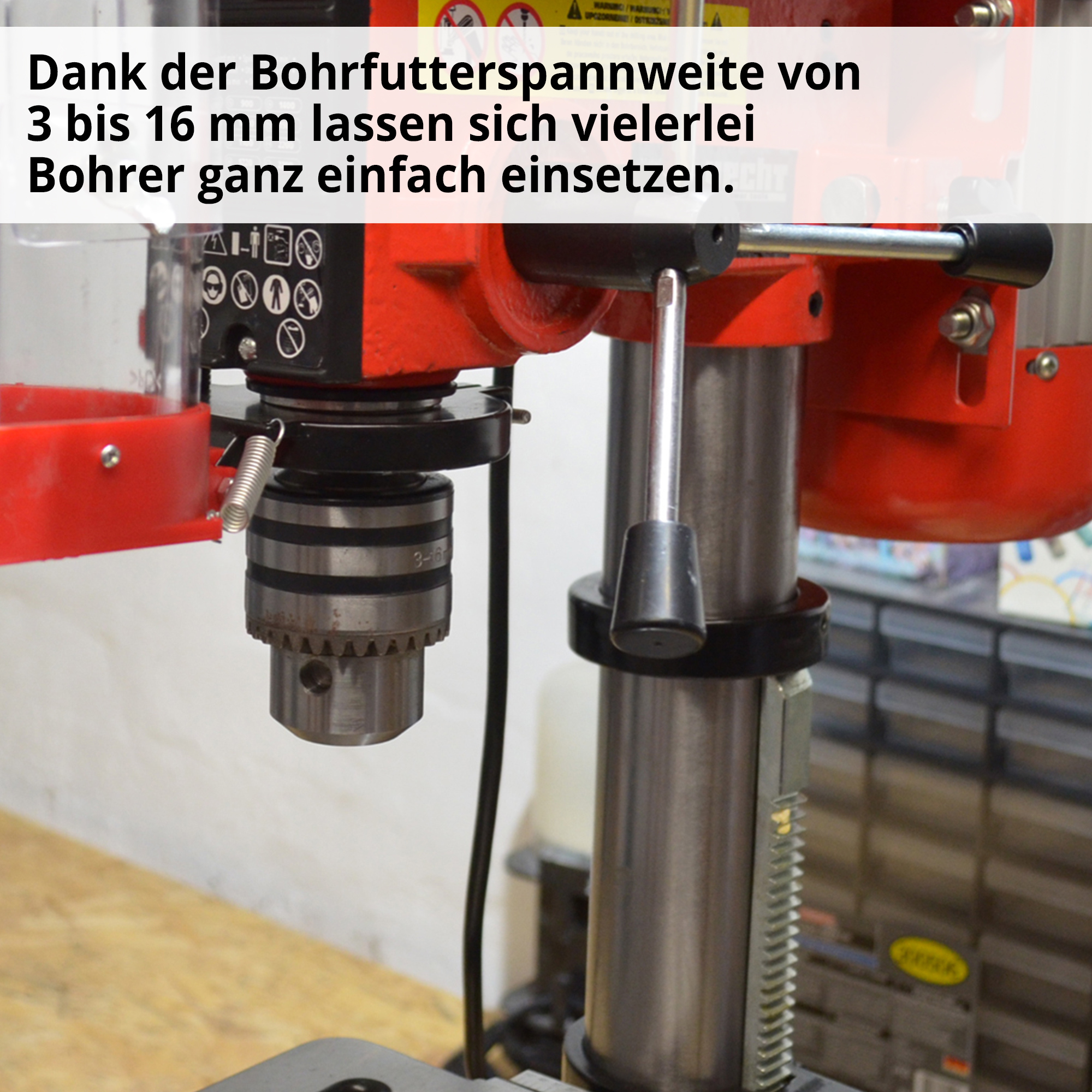 HECHT 1063 Standbohrmaschine; Dank der Bohrfutterspannweite von 3 bis 16 mm lassen sich vielerlei Bohrer ganz einfach einsetzen