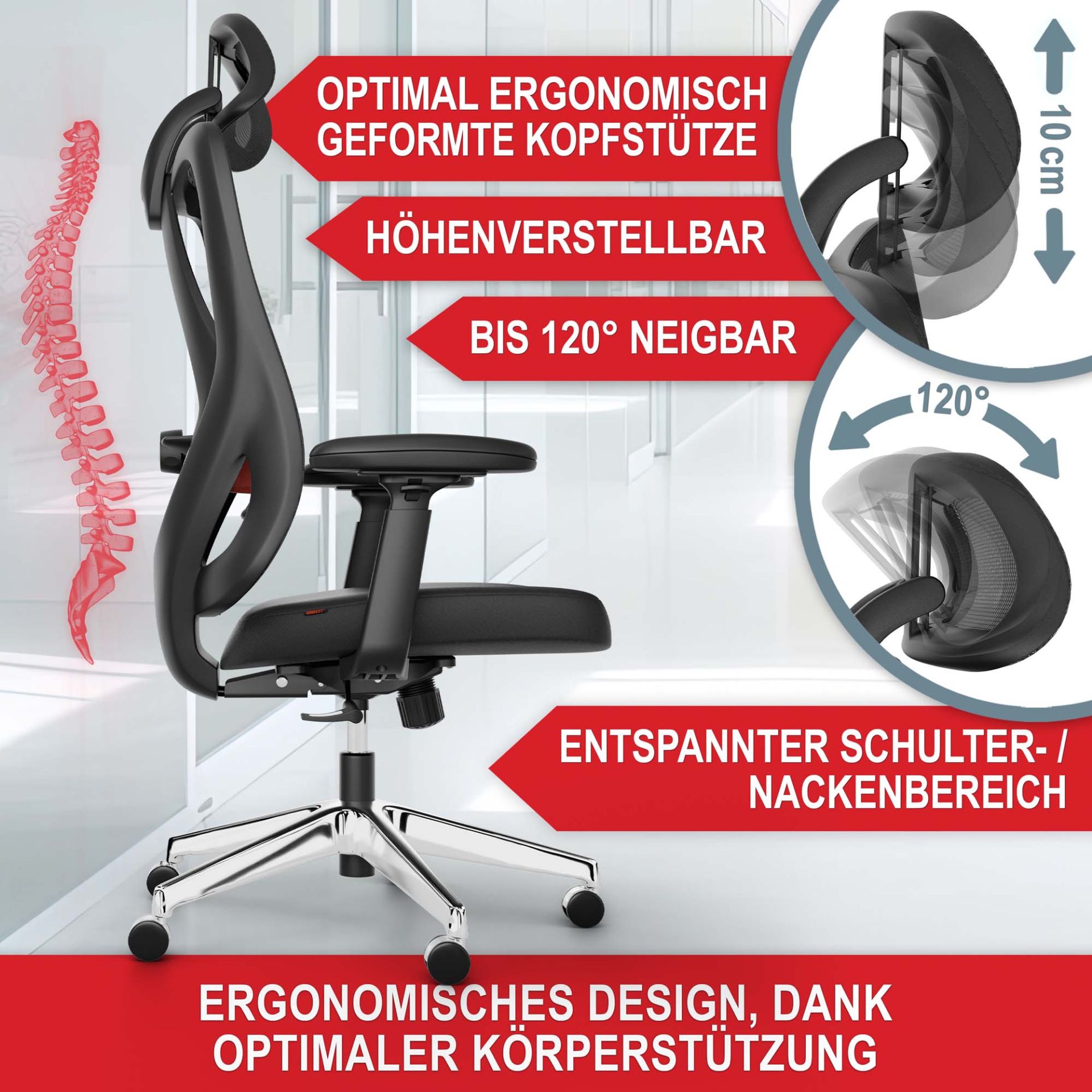 Bürostuhl Monaco schwarz - optimal ergonomisch geformte Kopfstütze, bis 120 Grad Neigbar, entspannter Schulter-/ Nackenbereich, ergonomisches Design, dank optimaler Körperstützung