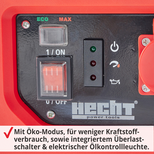 Inverter Benzin Notstromaggregat mit Öko-Modus, für weniger Kraftstoffverbrauch, sowie integriertem Überlastschalter und elektrischer Ölkontrollleuchte Inverter Benzin Notstromaggregat mit Öko-Modus, für weniger Kraftstoffverbrauch, sowie integriertem Überlastschalter und elektrischer Ölkontrollleuchte