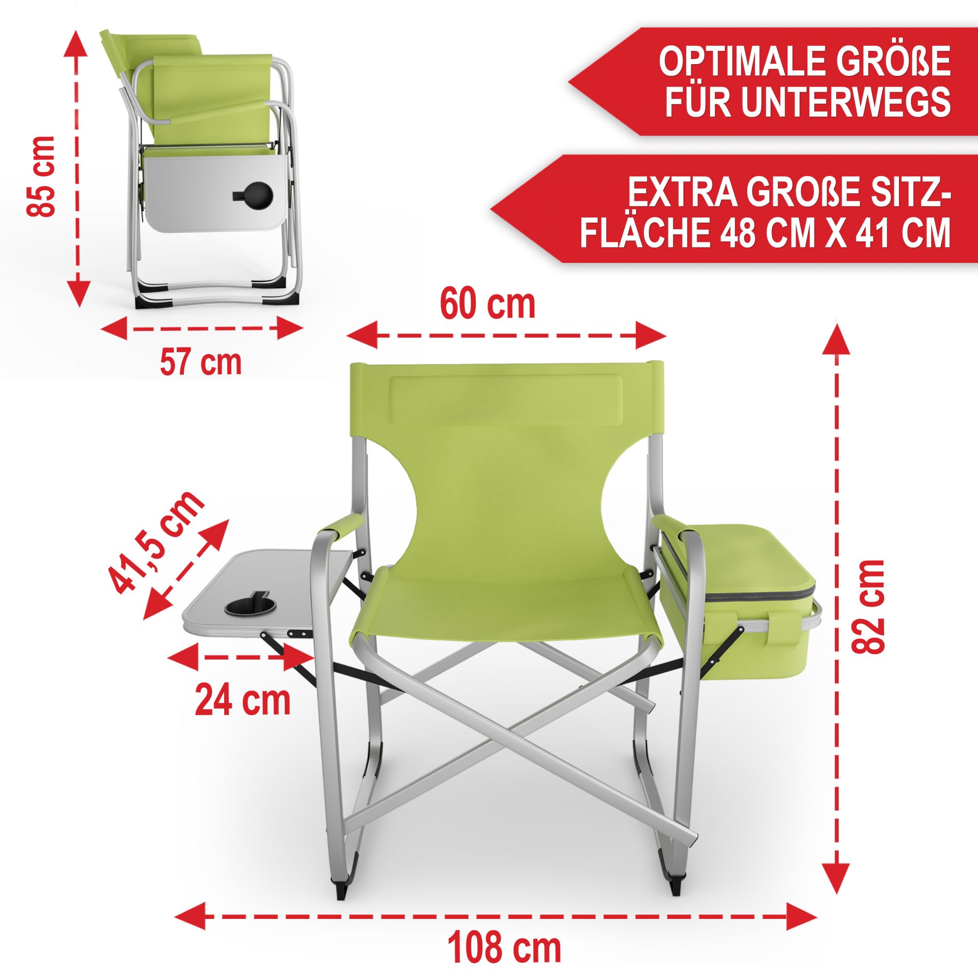 Campingstuhl mit Kühltasche grün - Optimale Größe für Unterwegs; extra große Sitzfläche