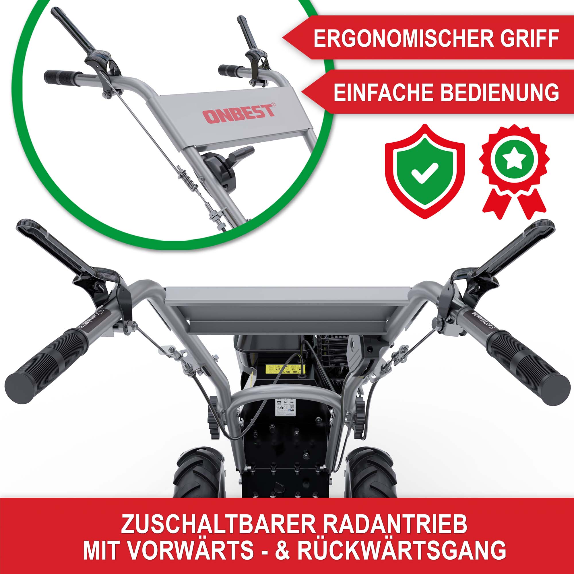 Gartenhacke Benzin mit ergonomischen Griff, einfacher Bedienung, zuschaltbarer Radantrieb mit Vorwärts- und Rückwärtsgang