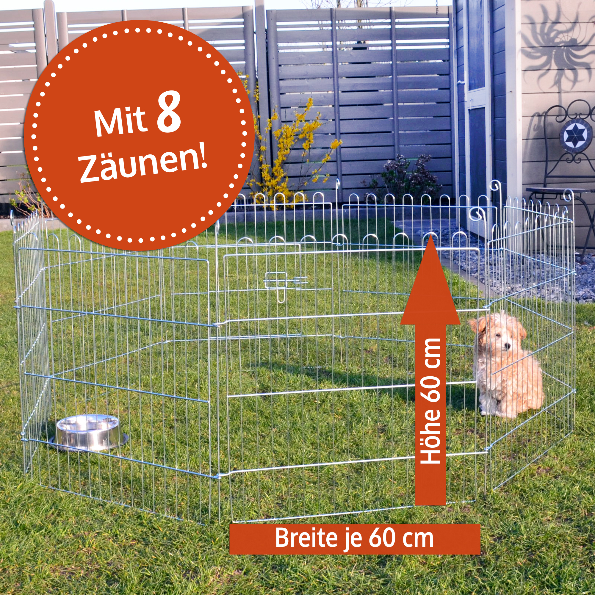Welpenauslauf mit 8 Gittern à 60 cm Höhe und Breite – ideal für Garten